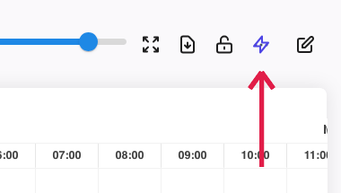 Toolbar oben rechts im Scheduler: das Blitz-Symbol (Performance-Modus) neben dem Schloss-Symbol, hier aktiv und mit einem Pfeil markiert