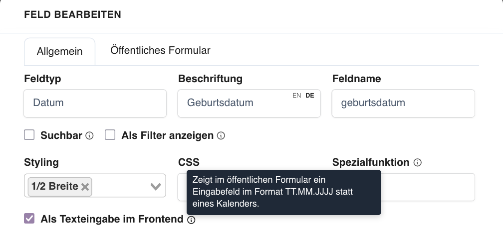 Der Schalter ’Als Texteingabe im Frontend’ im Fenster ’Feld bearbeiten’ eines Datumsfelds, mit eingeblendetem Hilfetext