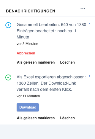 Zwei Benachrichtigungen: eine laufende Aktion mit Zähler, Zeitschätzung und Abbrechen-Link, darunter ein fertiger Export mit Download-Button