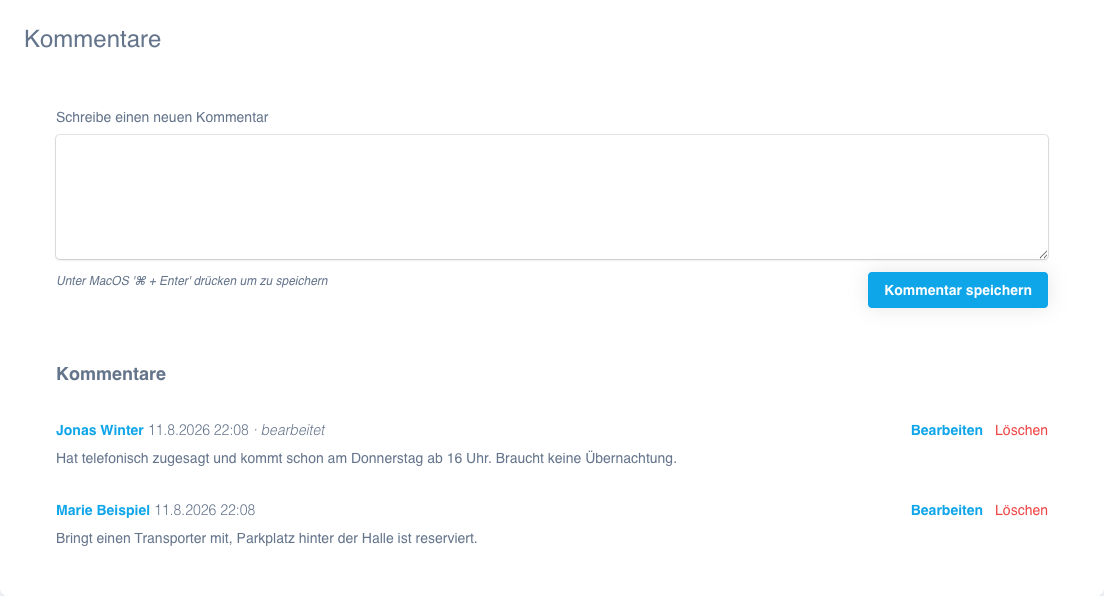 Der Tab Kommentare mit Eingabefeld und zwei erfassten Kommentaren