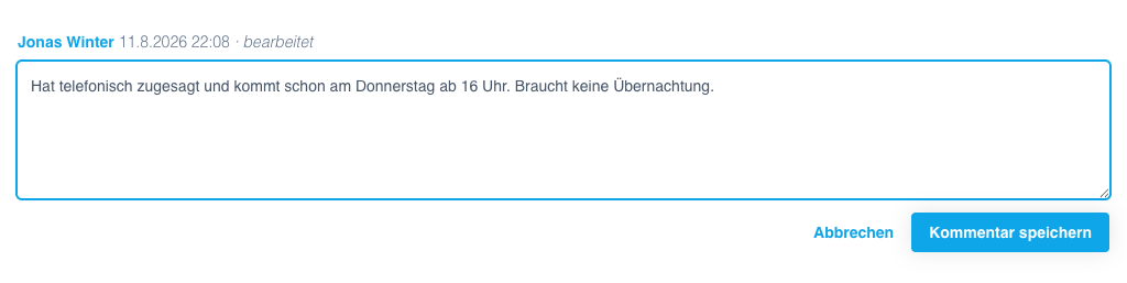 Ein Kommentar im Bearbeiten-Modus mit Eingabefeld und den Schaltflächen Abbrechen und Kommentar speichern
