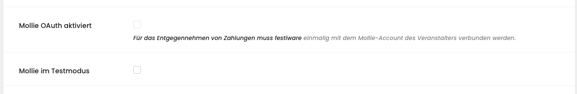 Mollie OAuth aktiviert und Mollie im Testmodus