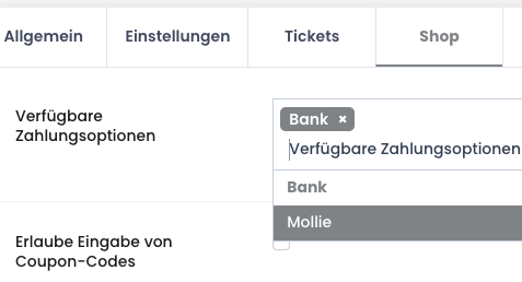 Verfügbare Zahlungsoptionen im Reiter Shop
