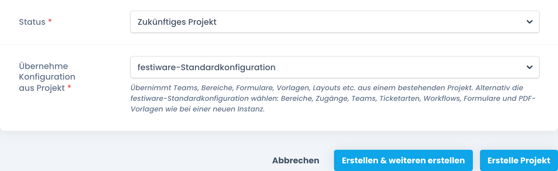 Projekt anlegen mit der festiware-Standardkonfiguration als Ausgangspunkt