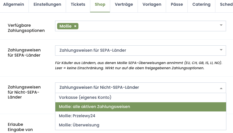 Die drei Felder für Zahlungsweisen im Reiter Shop