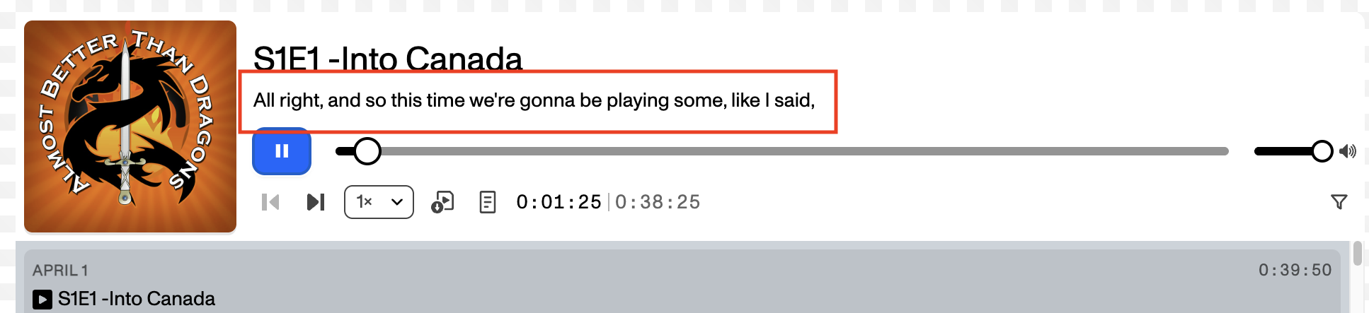 A screenshot of the player with the captions highlighted with a red border