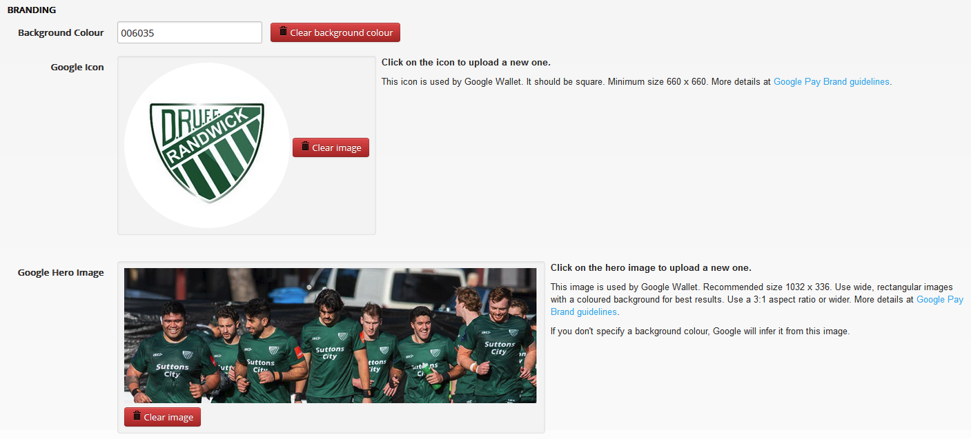The IWannaTicket website with a logo uploaded under Google Icon, and an image of a football team as the Google Hero Image.