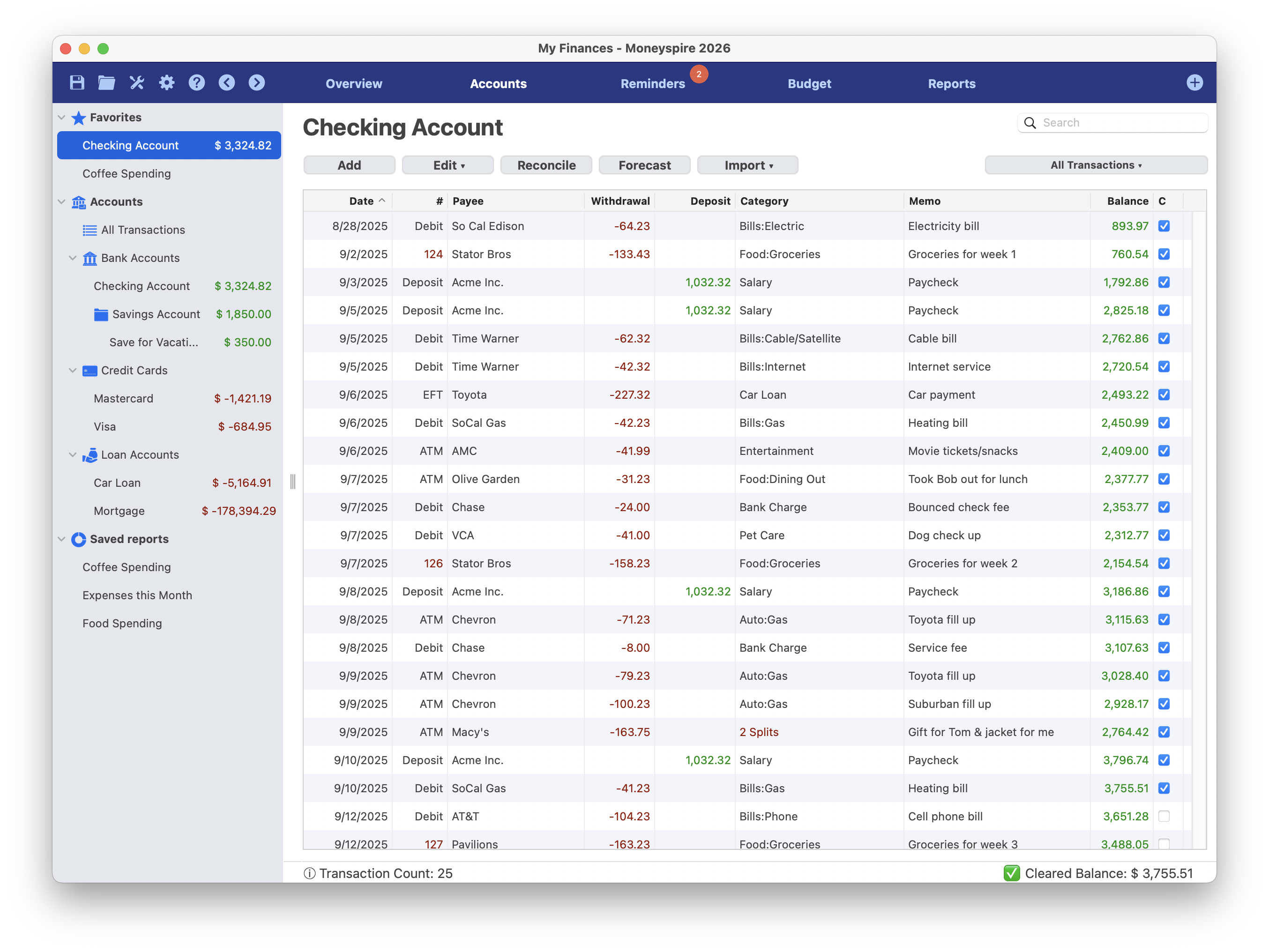 Schermata del registro delle transazioni