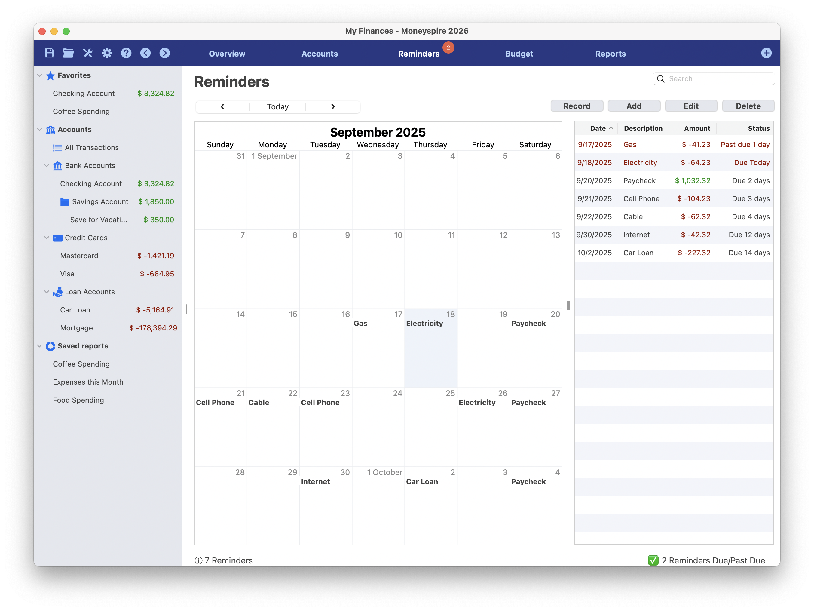 Screenshot della schermata Promemoria