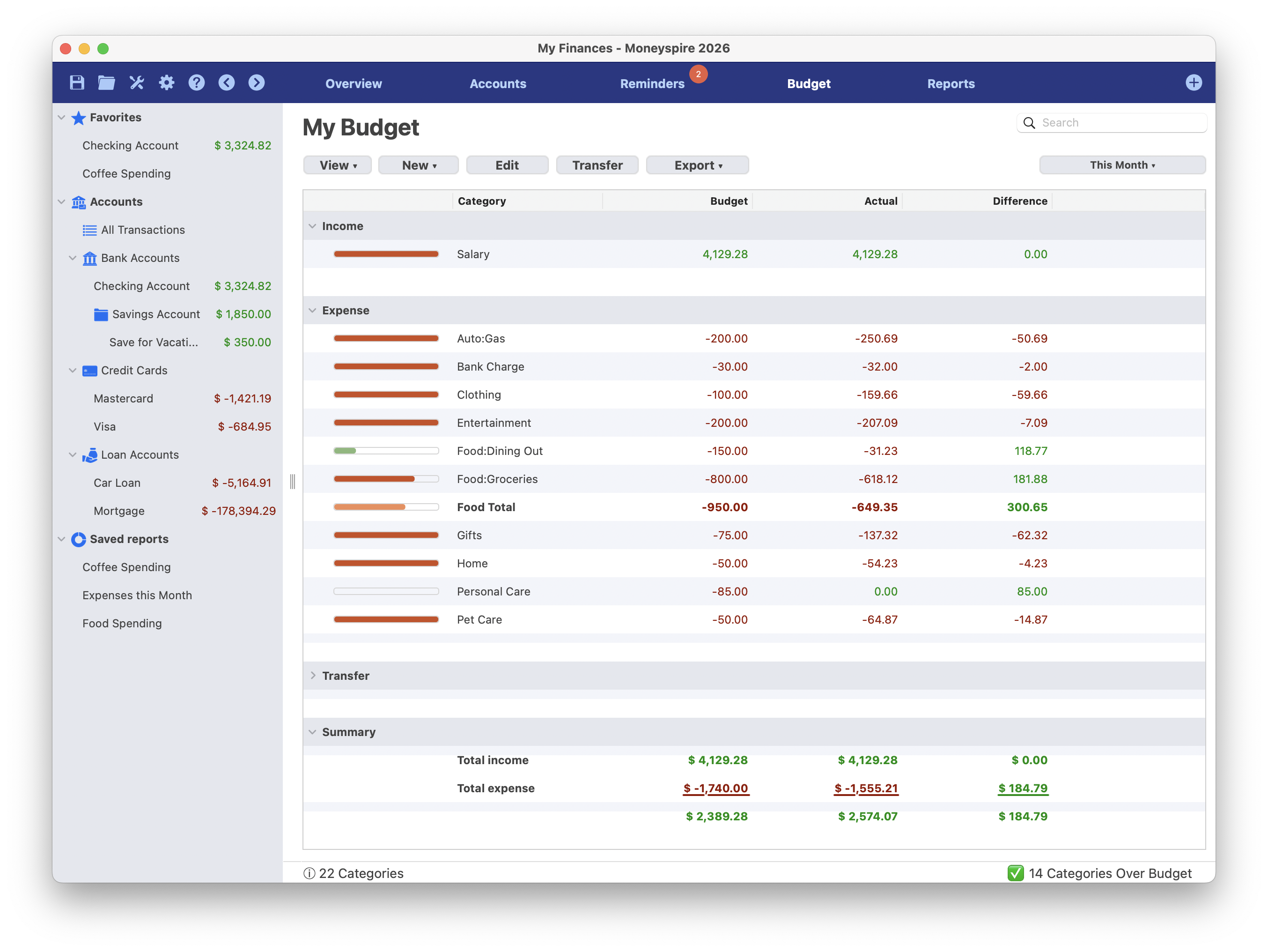 Schermata del bilancio