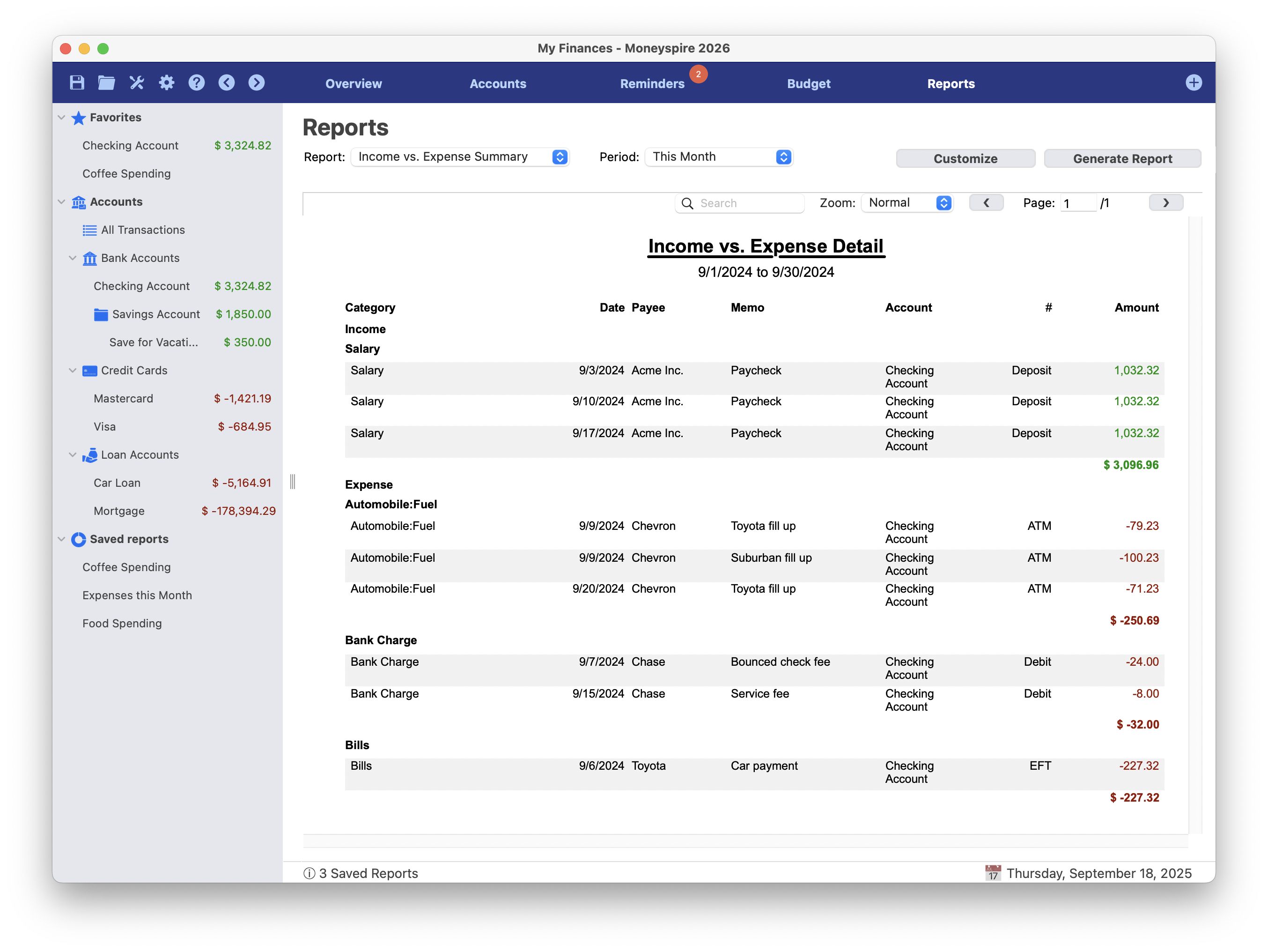 Captura de ecrã do relatório detalhado de rendimentos vs. despesas