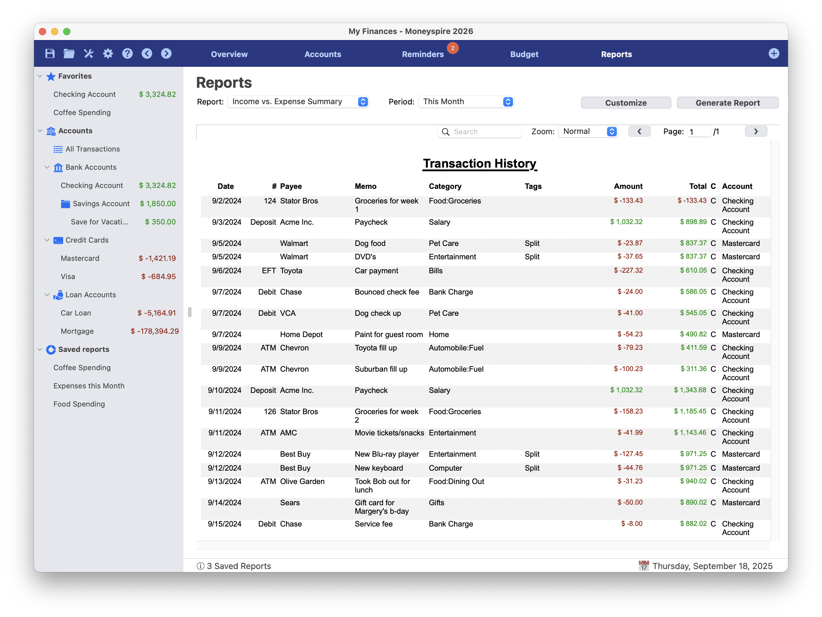 Captura de ecrã do relatório do histórico de transacções