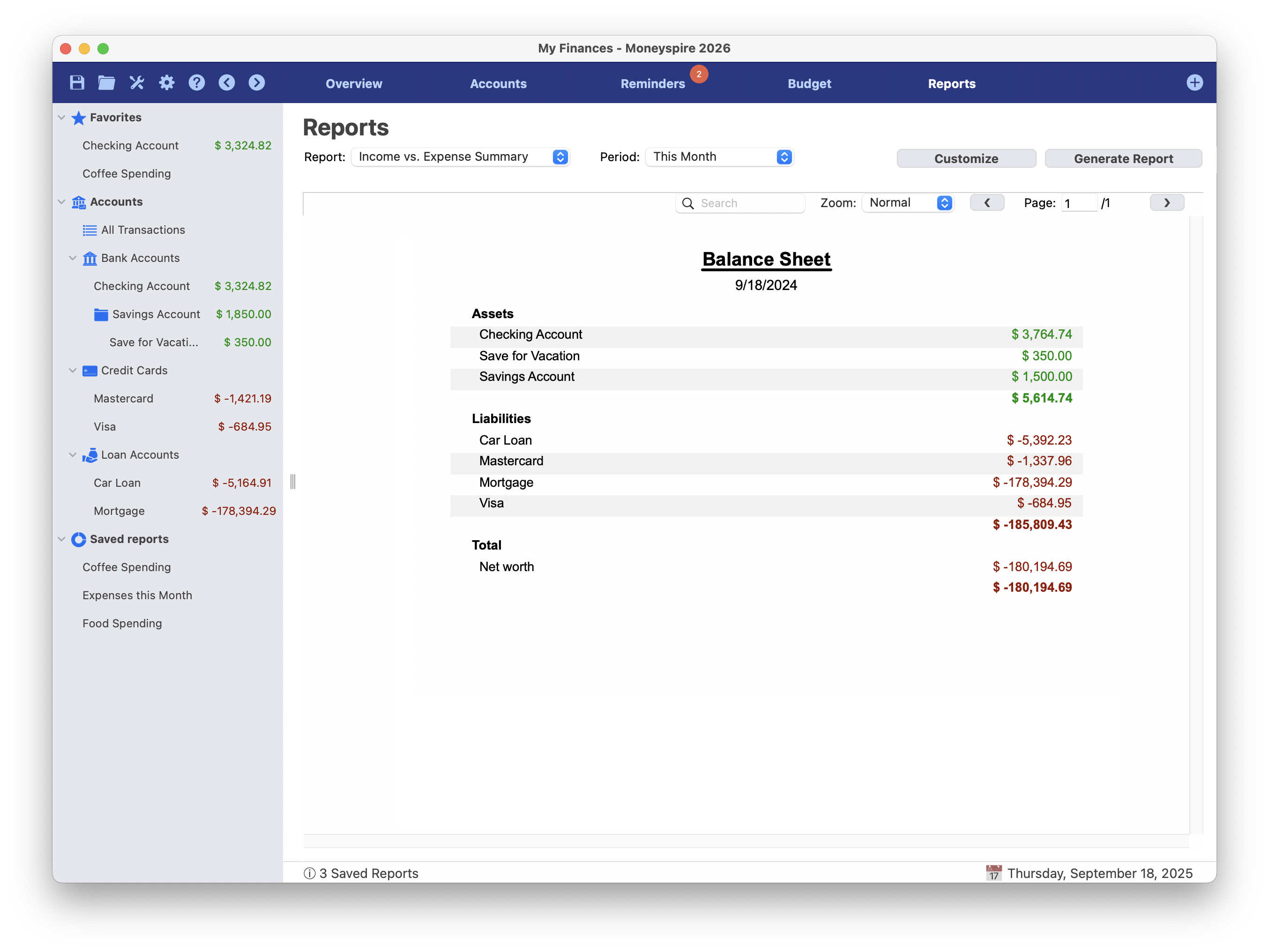 Captura de ecrã do relatório do balanço