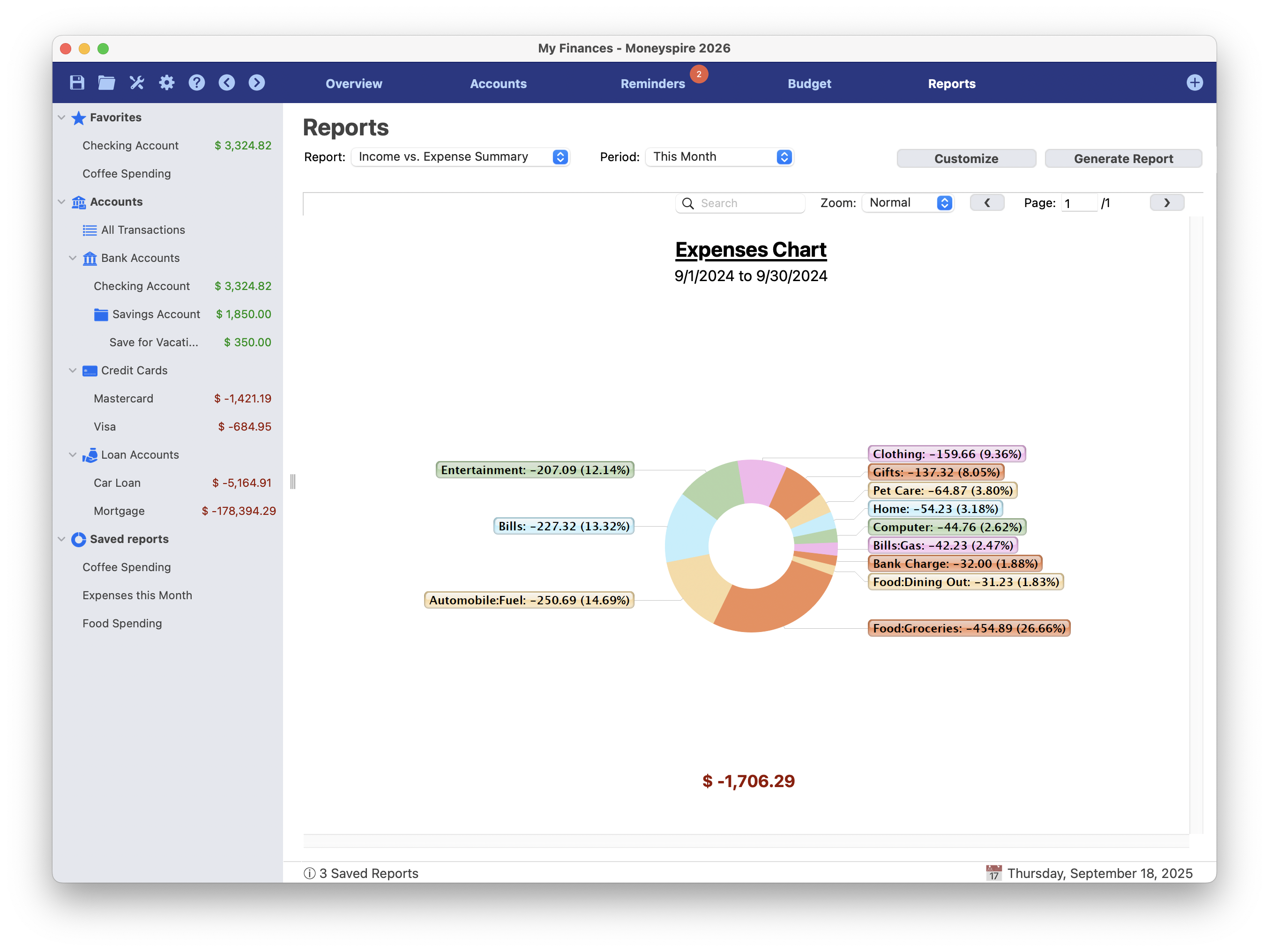 Captura de ecrã do relatório do gráfico de despesas