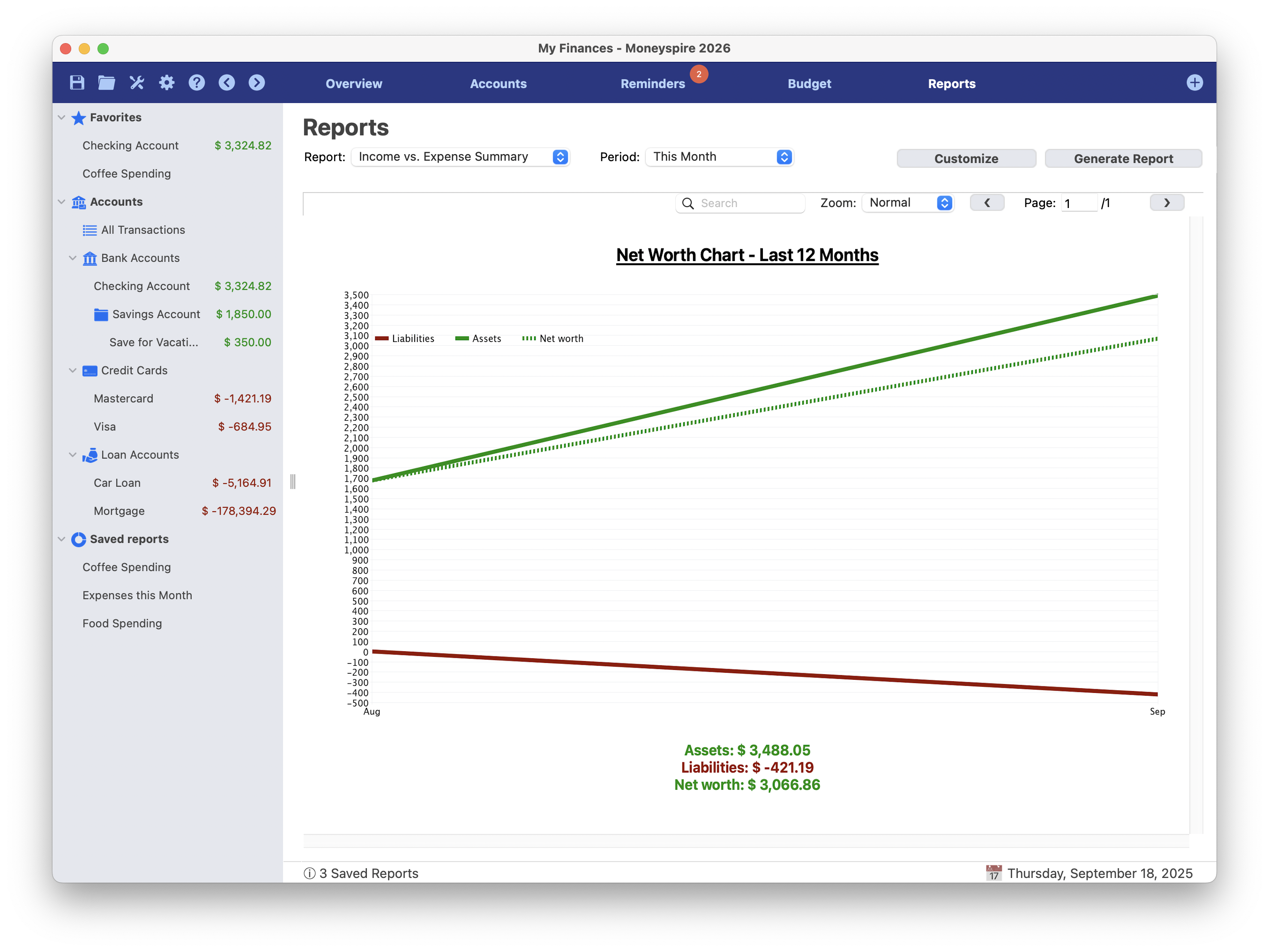 Captura de ecrã do relatório do gráfico do património líquido