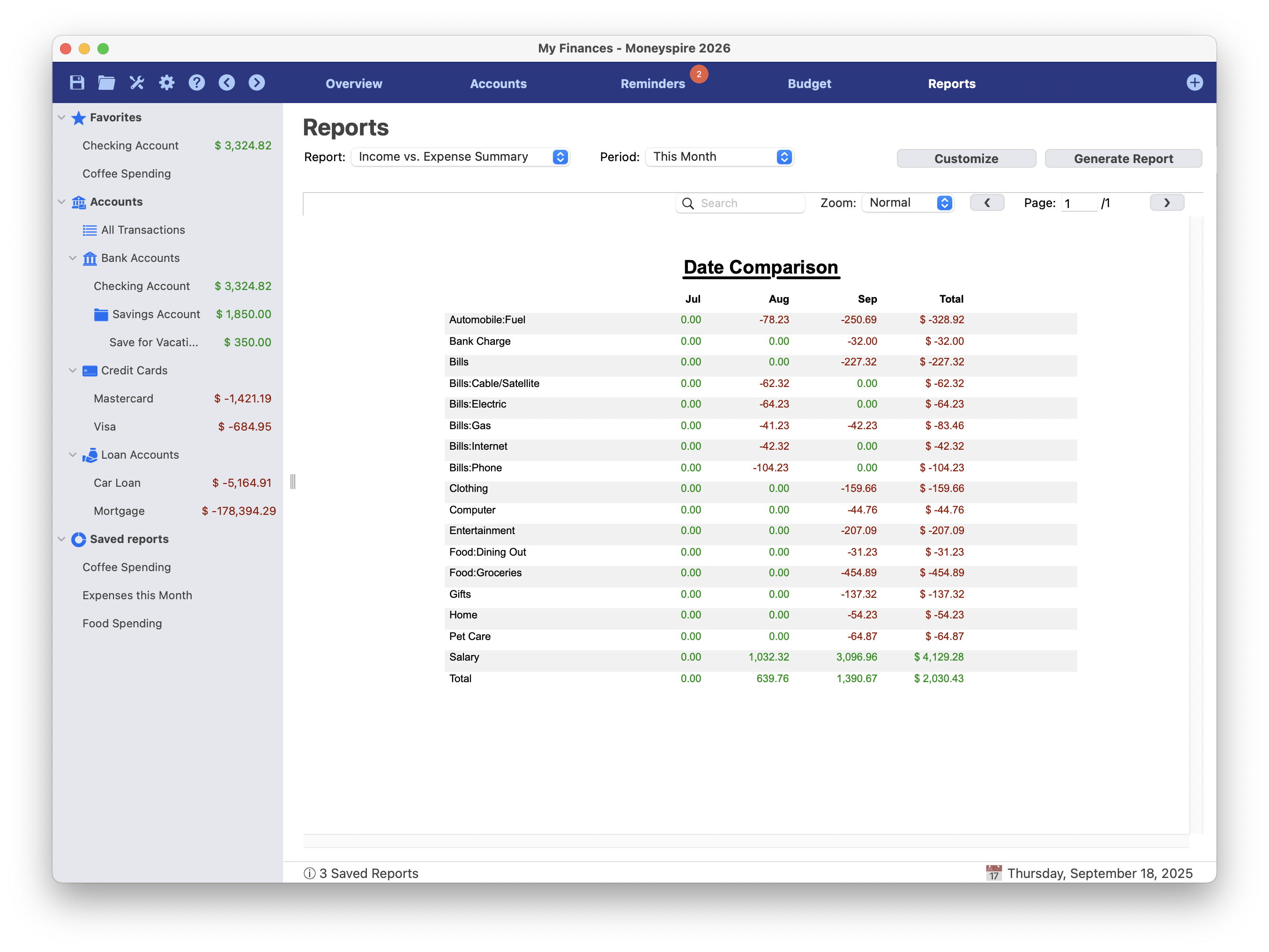 Captura de ecrã do relatório de comparação de datas