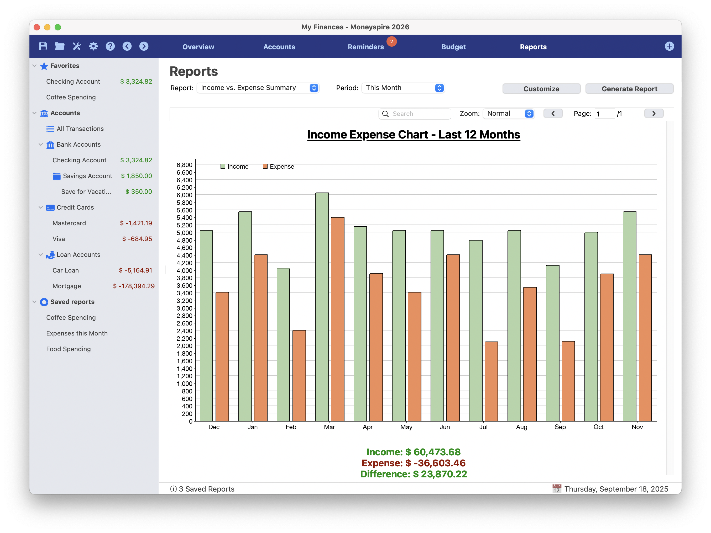 Screenshot of Income Expense Chart Report