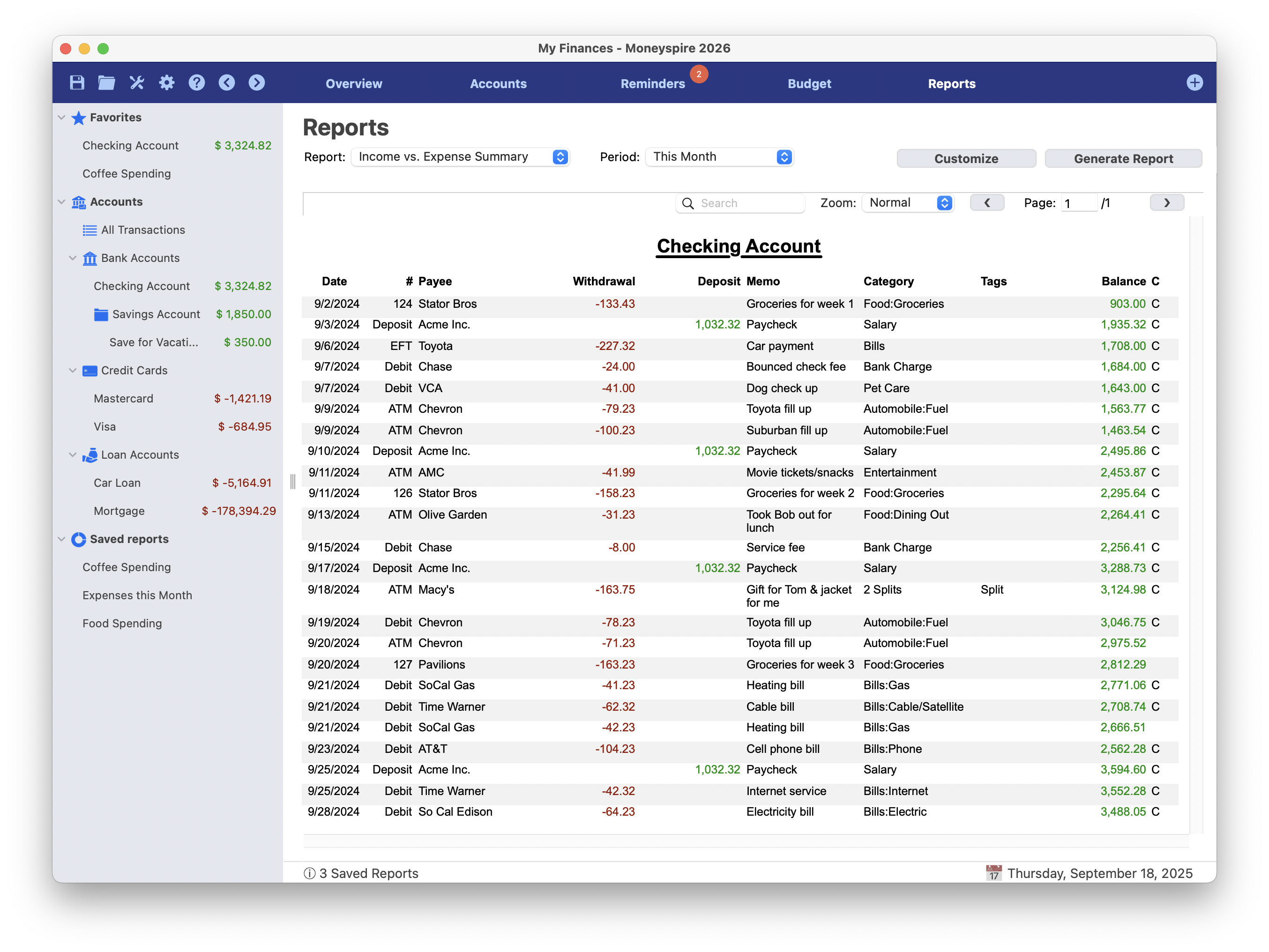 Captura de ecrã do relatório do histórico de contas