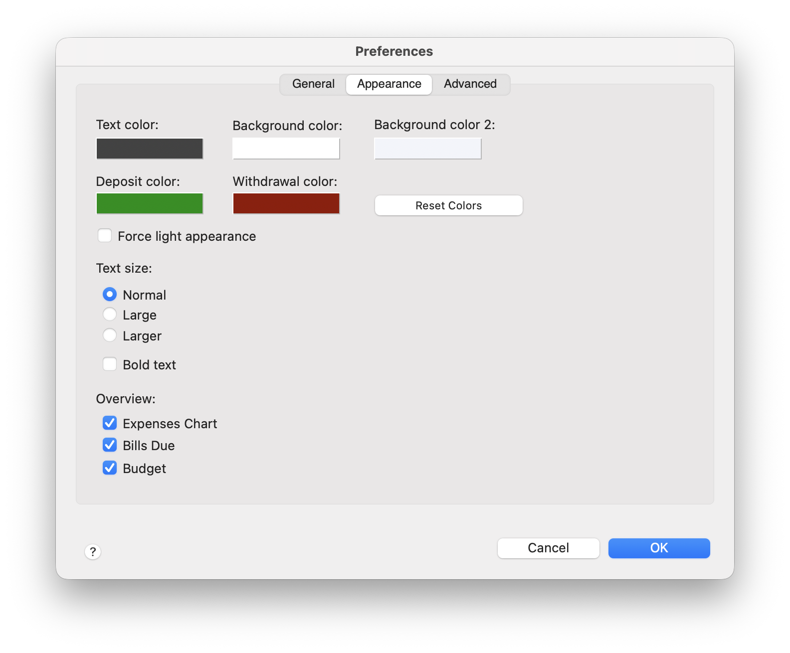 Screenshot of Appearance Preferences Window
