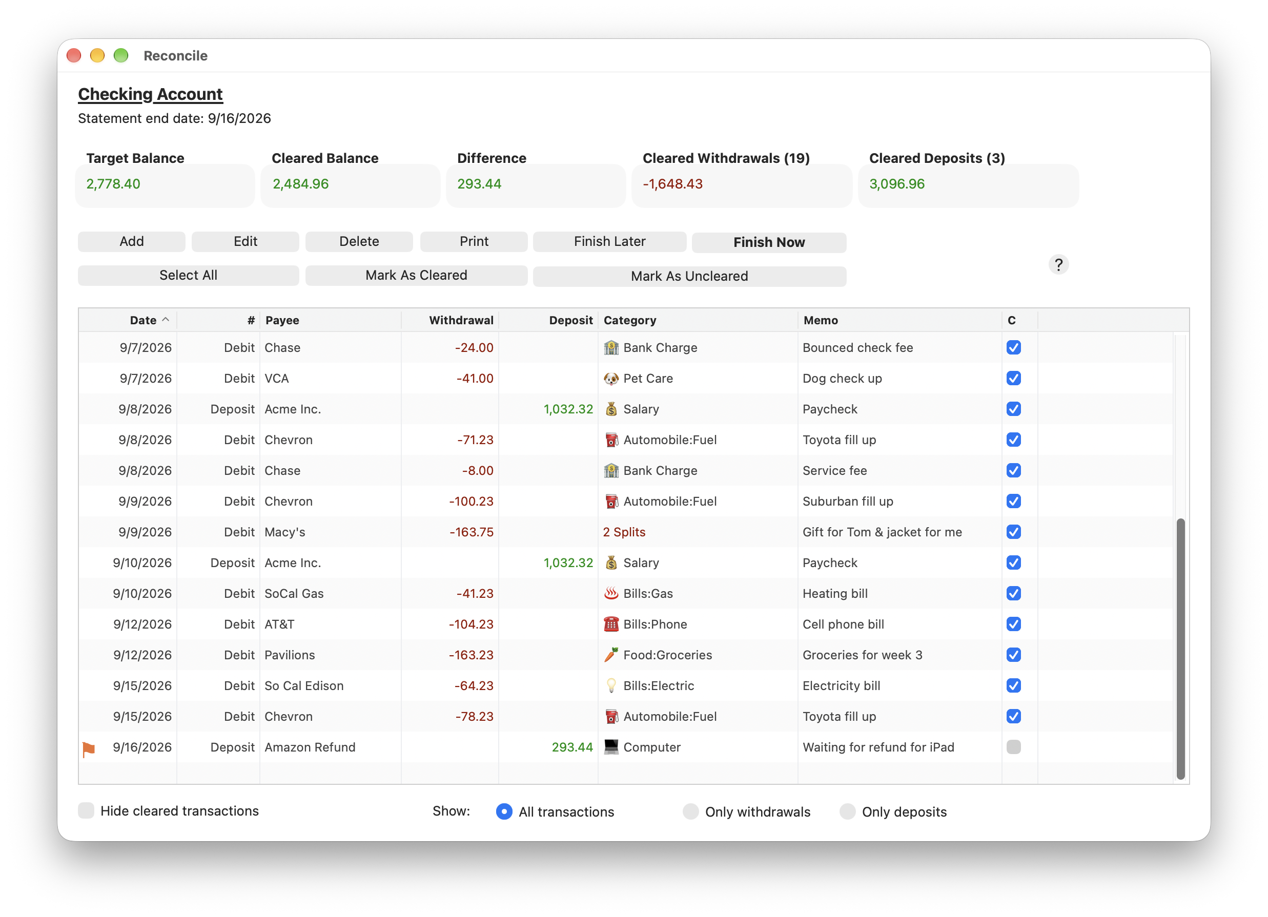 Screenshot of Account Reconcile Transaction Register