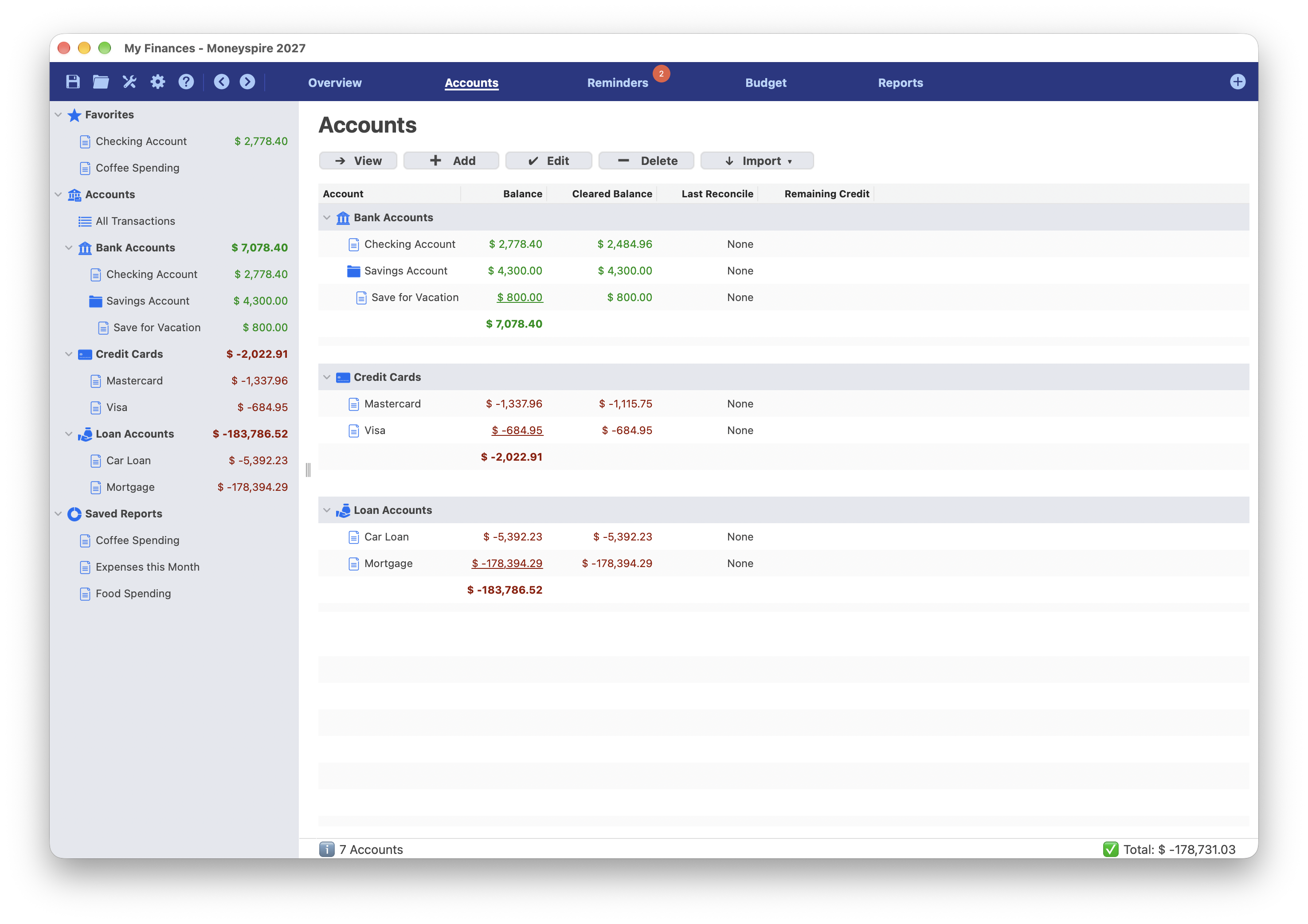 Screenshot of Accounts Screen