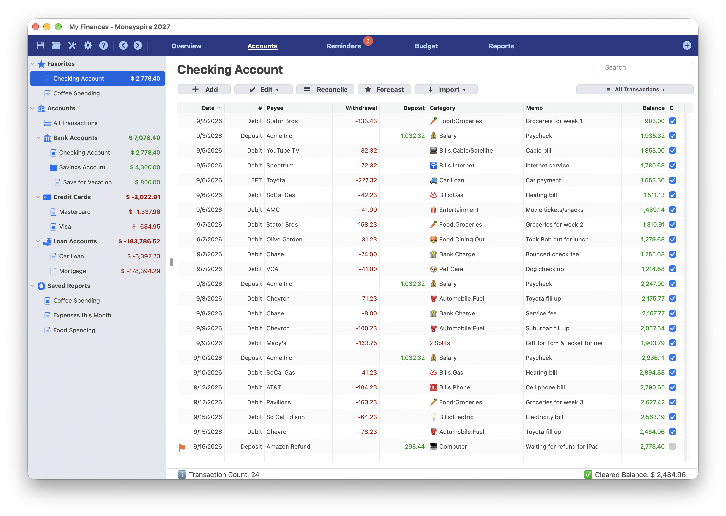 Screenshot of Transaction Register Screen