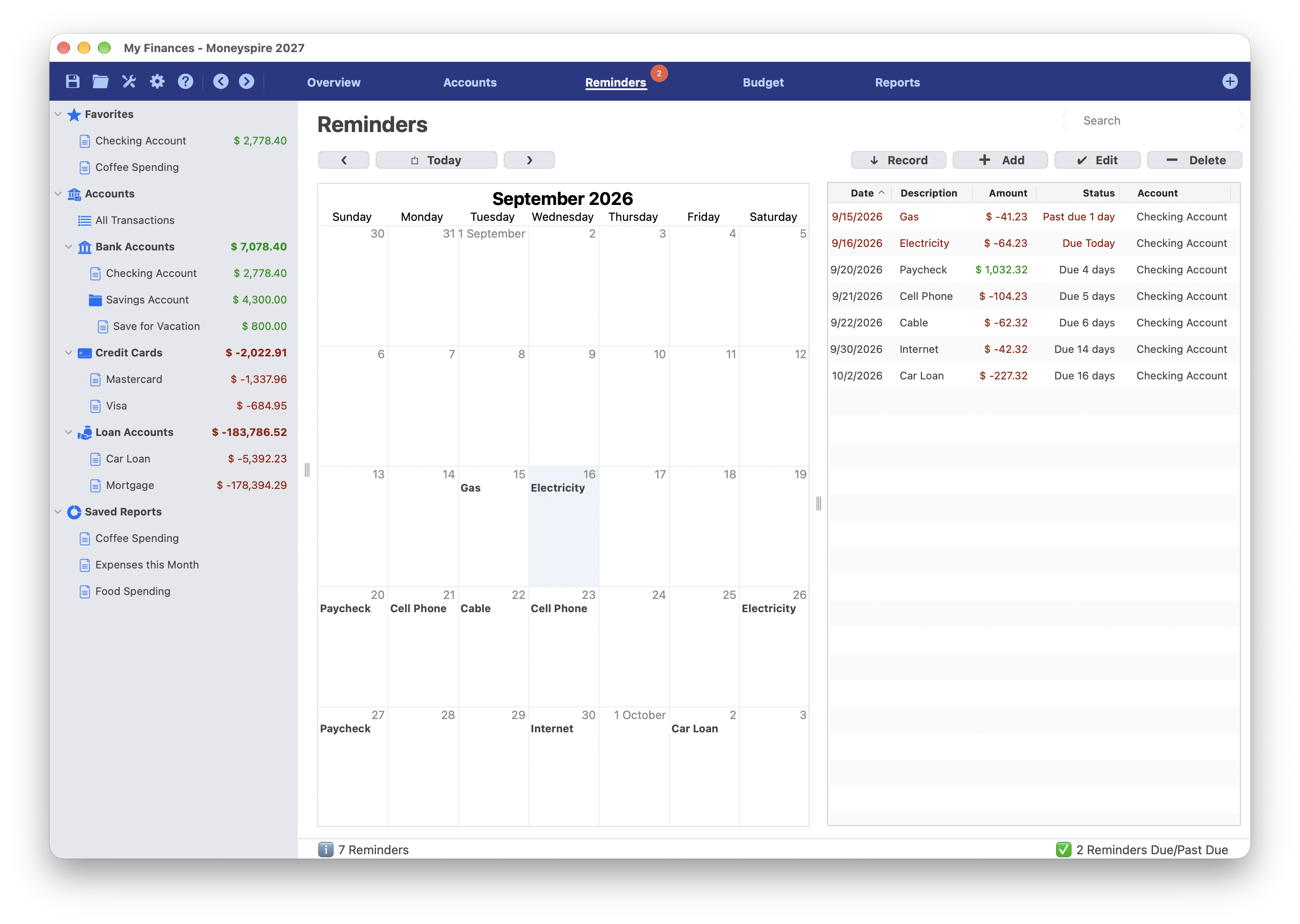 Screenshot of Reminders Screen