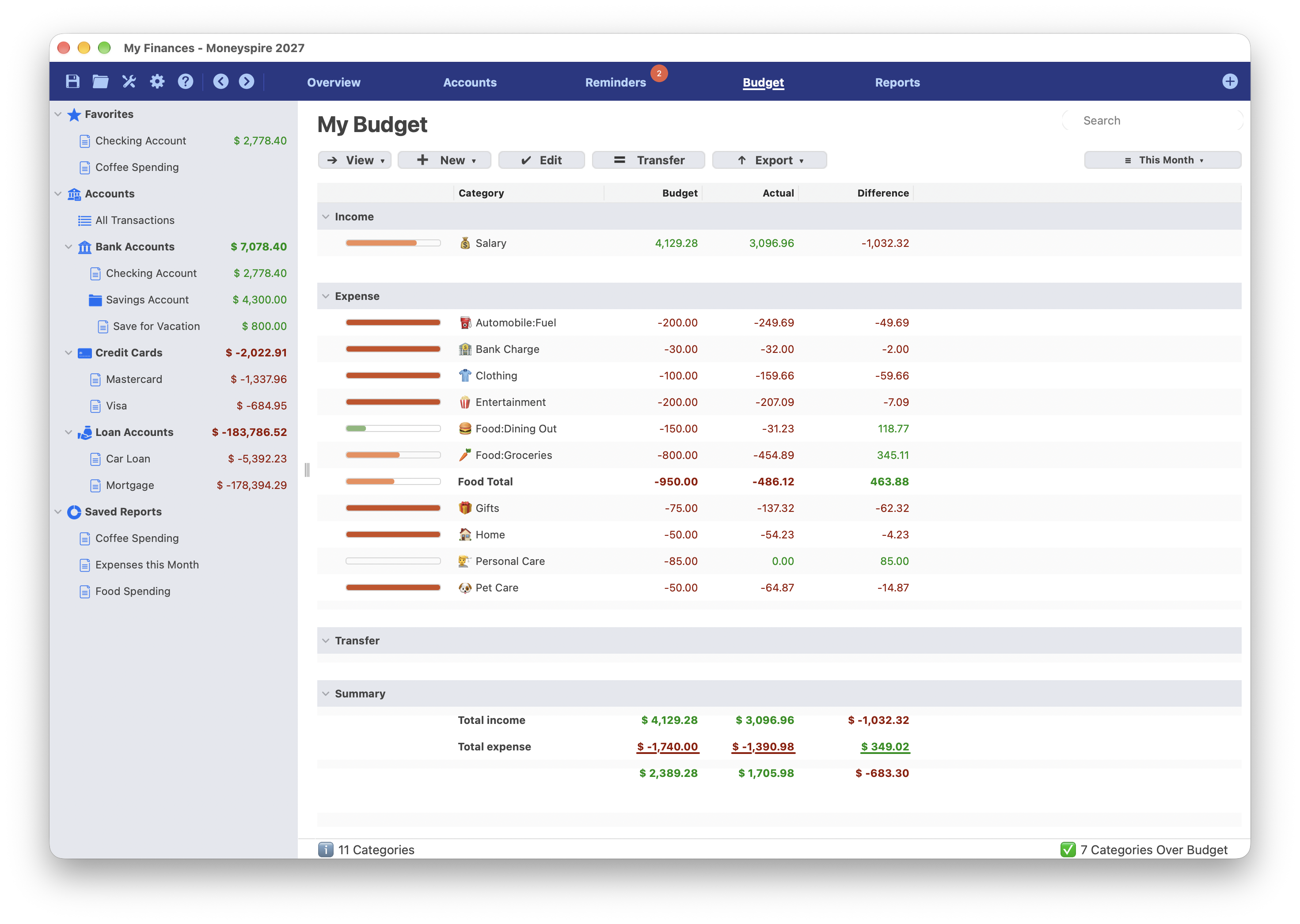 Screenshot of Budget Screen