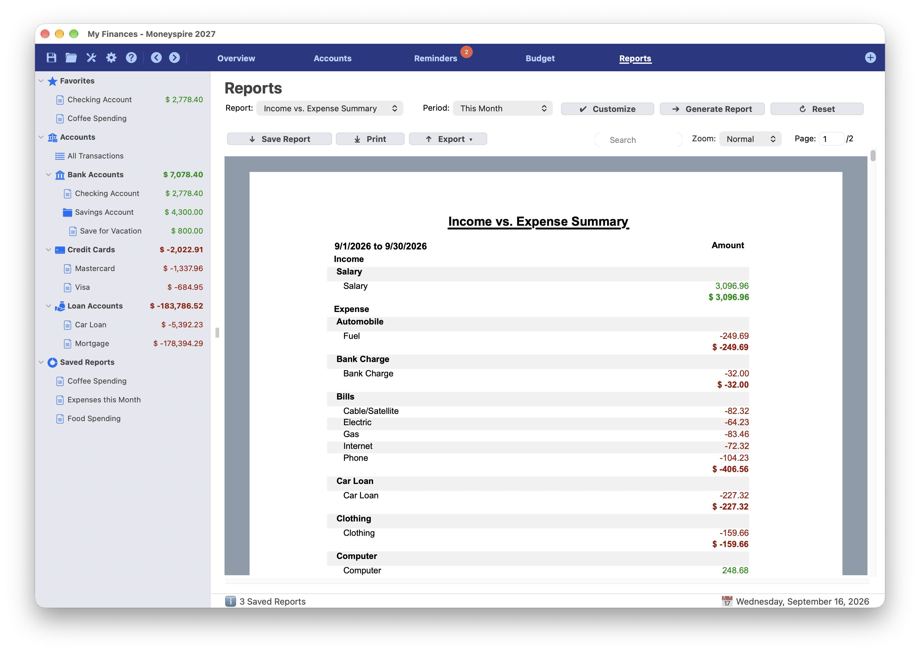 Screenshot of Reports Screen