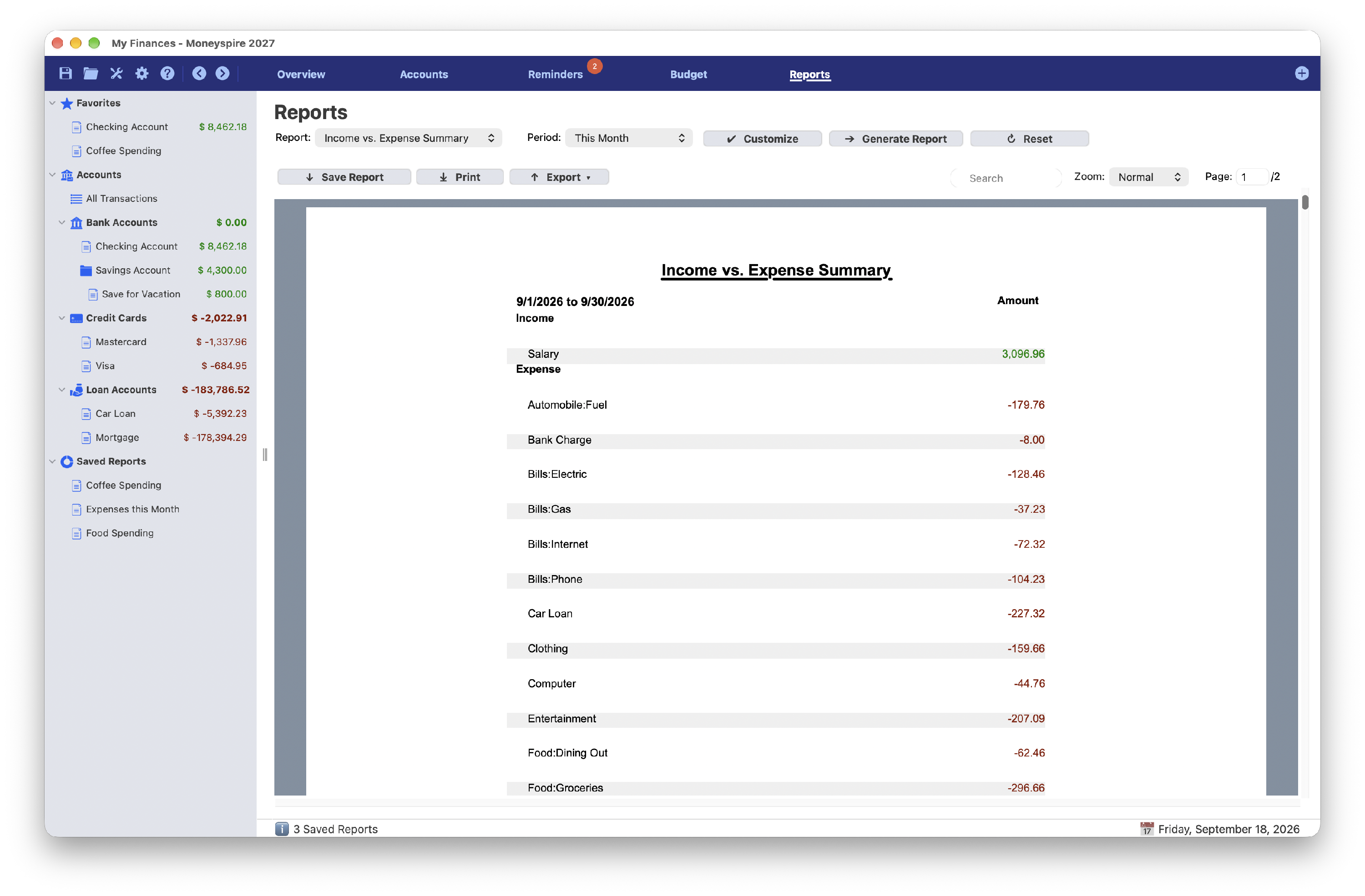 Screenshot of Income vs. Expense Summary Report
