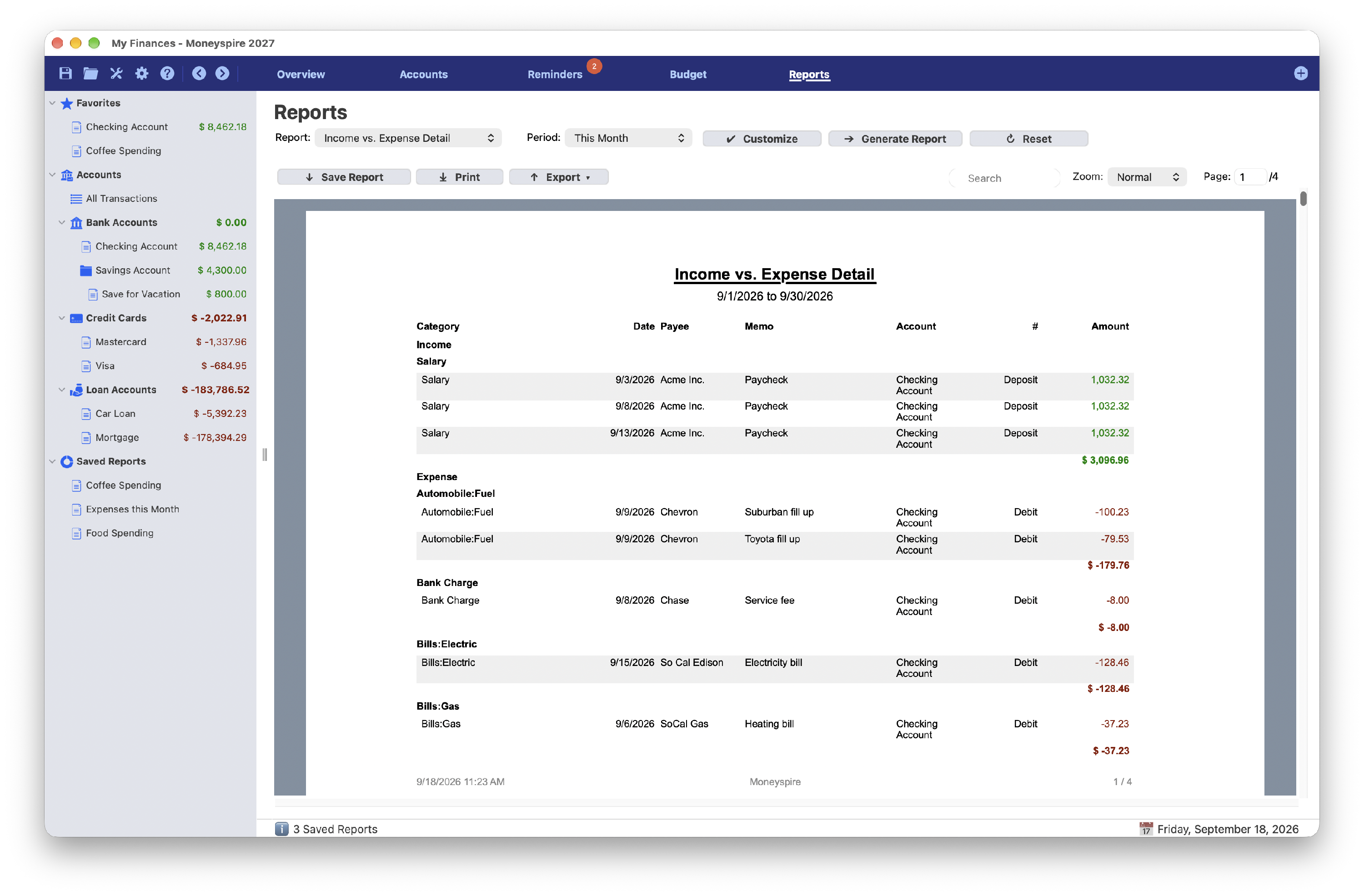 Screenshot of Income vs. Expense Detail Report