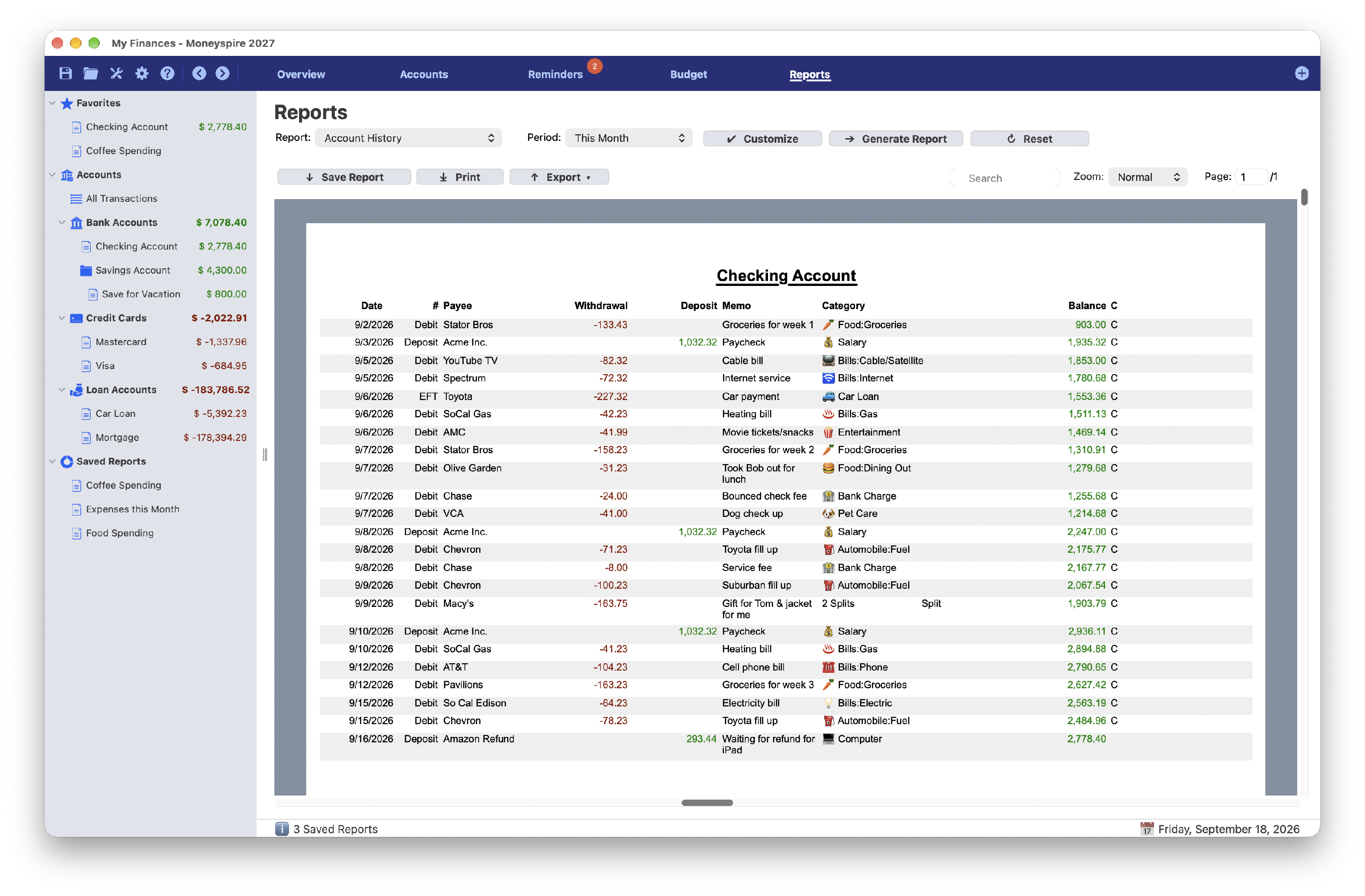 Screenshot of Account History Report