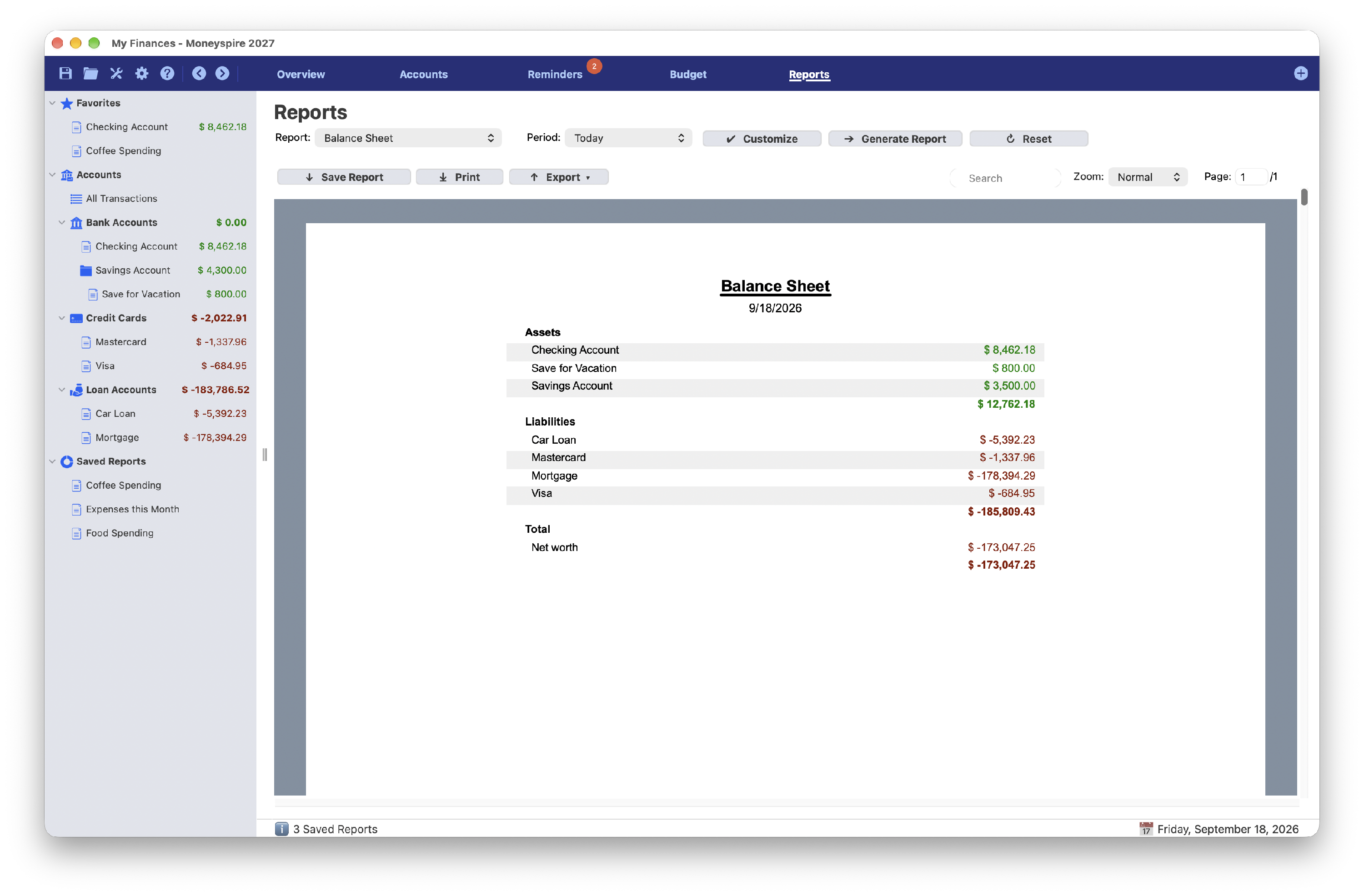 Screenshot of Balance Sheet Report