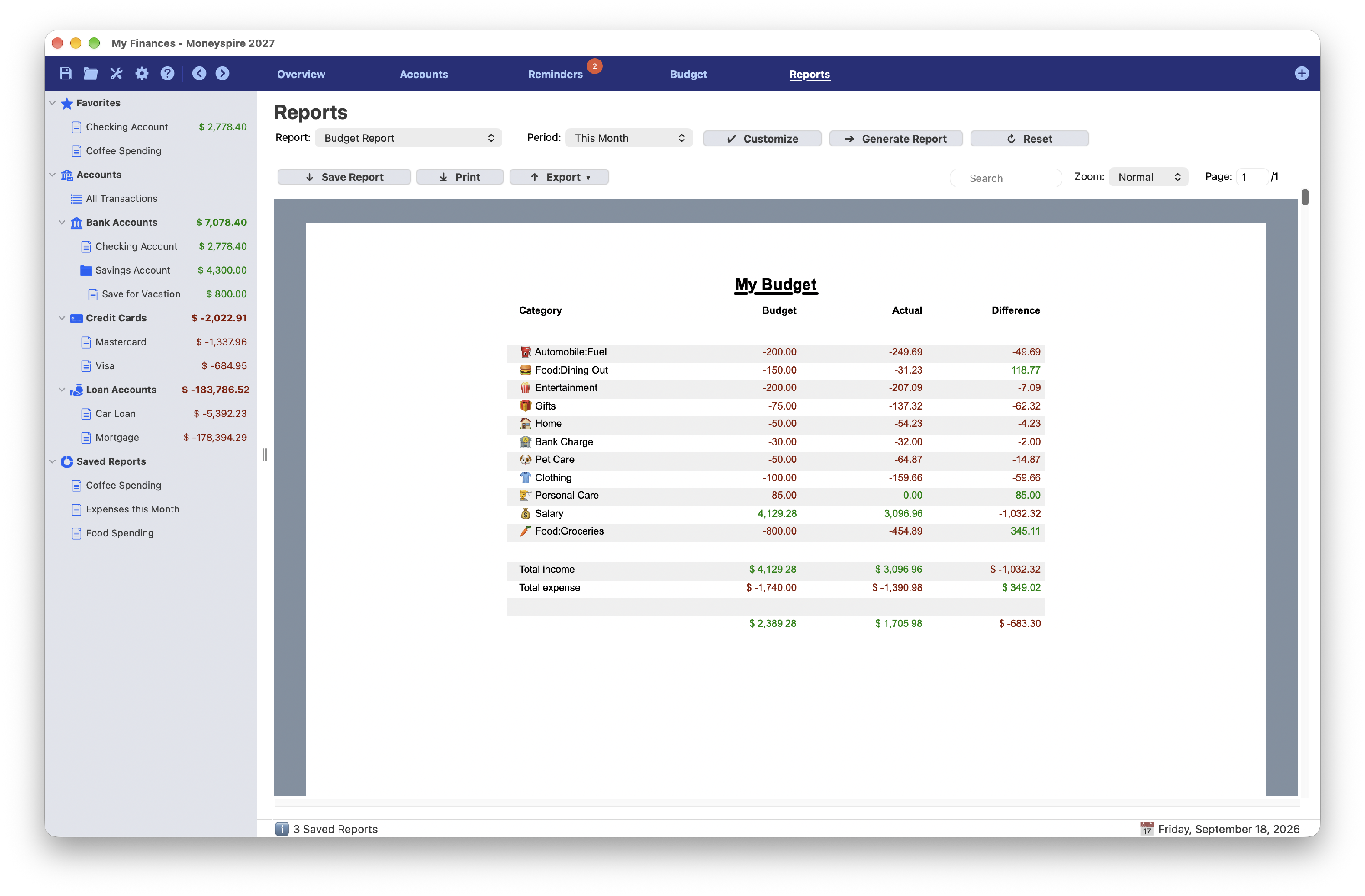 Screenshot of Budget Report