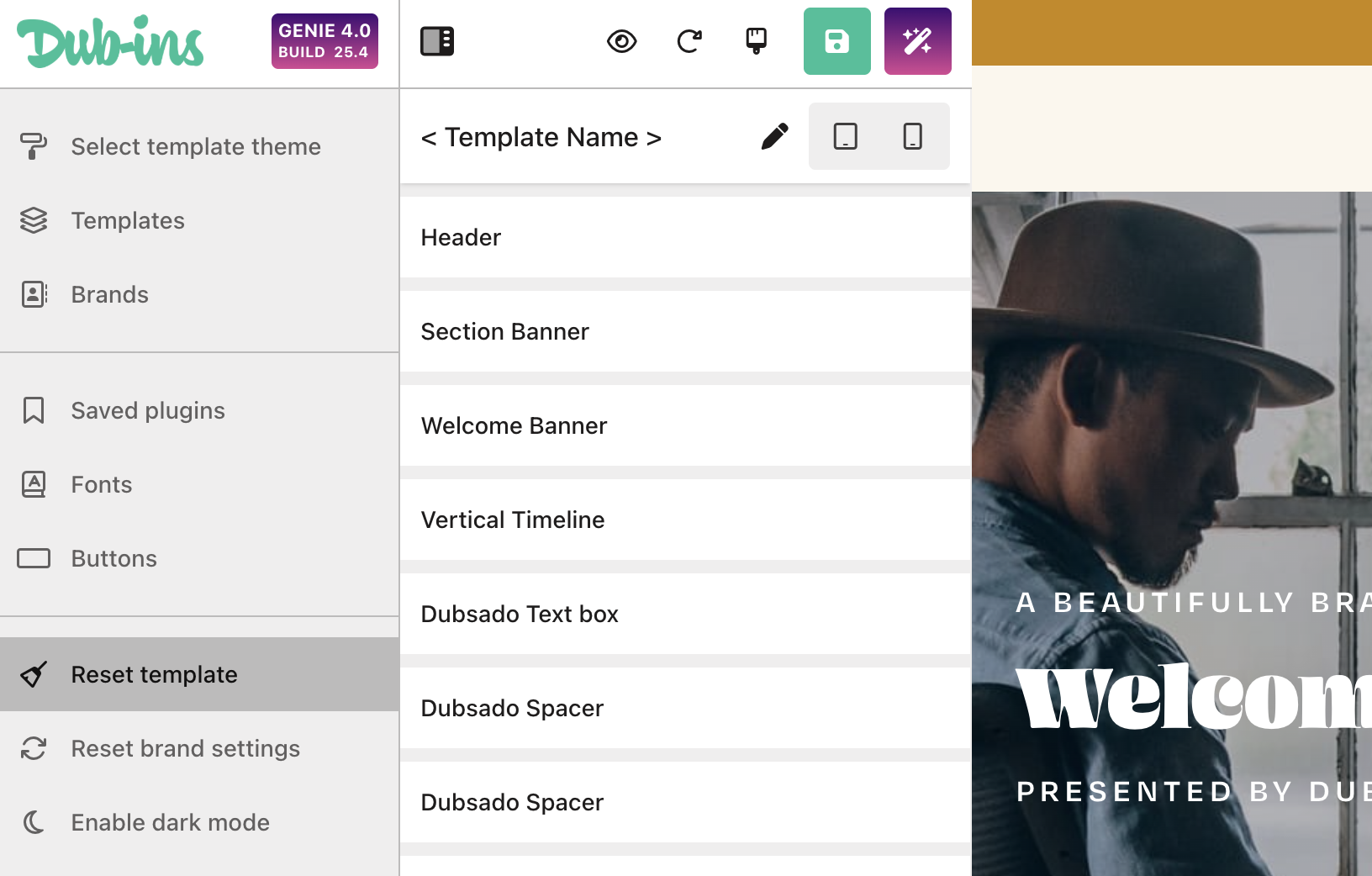Screenshot of Dub-ins Genie interface showing the left navigation menu with the “Reset template” option highlighted, demonstrating where to click to reset a template.
