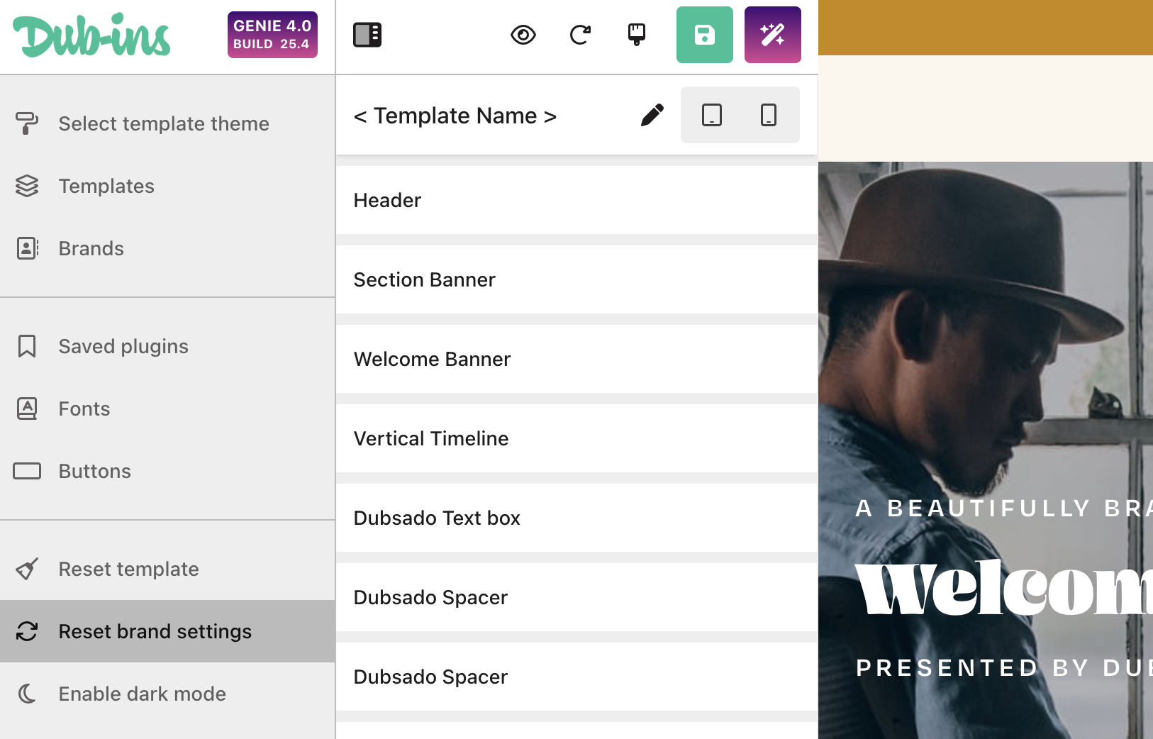 Screenshot of the Dub-ins Genie interface showing the left navigation menu with the “Reset brand settings” option highlighted, demonstrating where to click to reset brand settings.