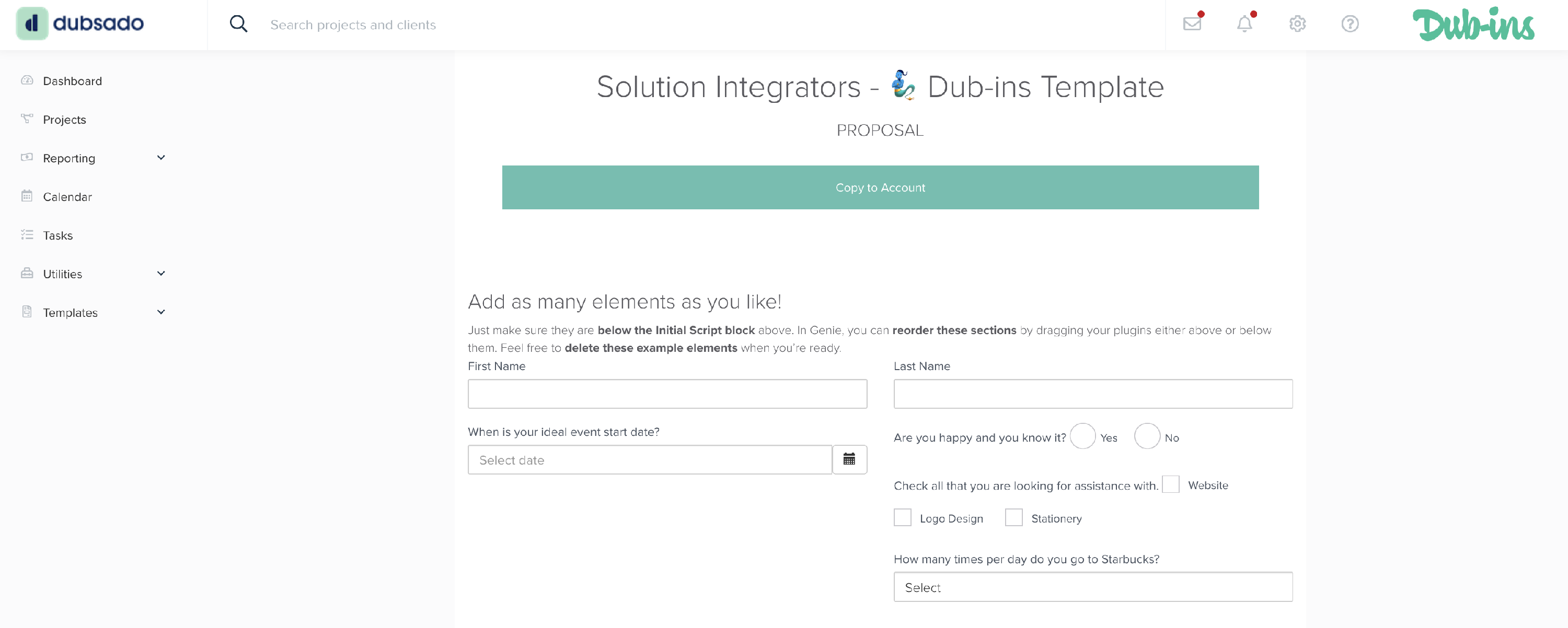 Screenshot of Dubsado’s form builder when copying a Dub-ins Genie Template to a Dubsado account.