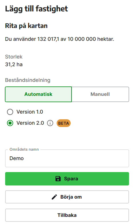 Välj beståndsindelning, fyll i namnet på området och klicka på