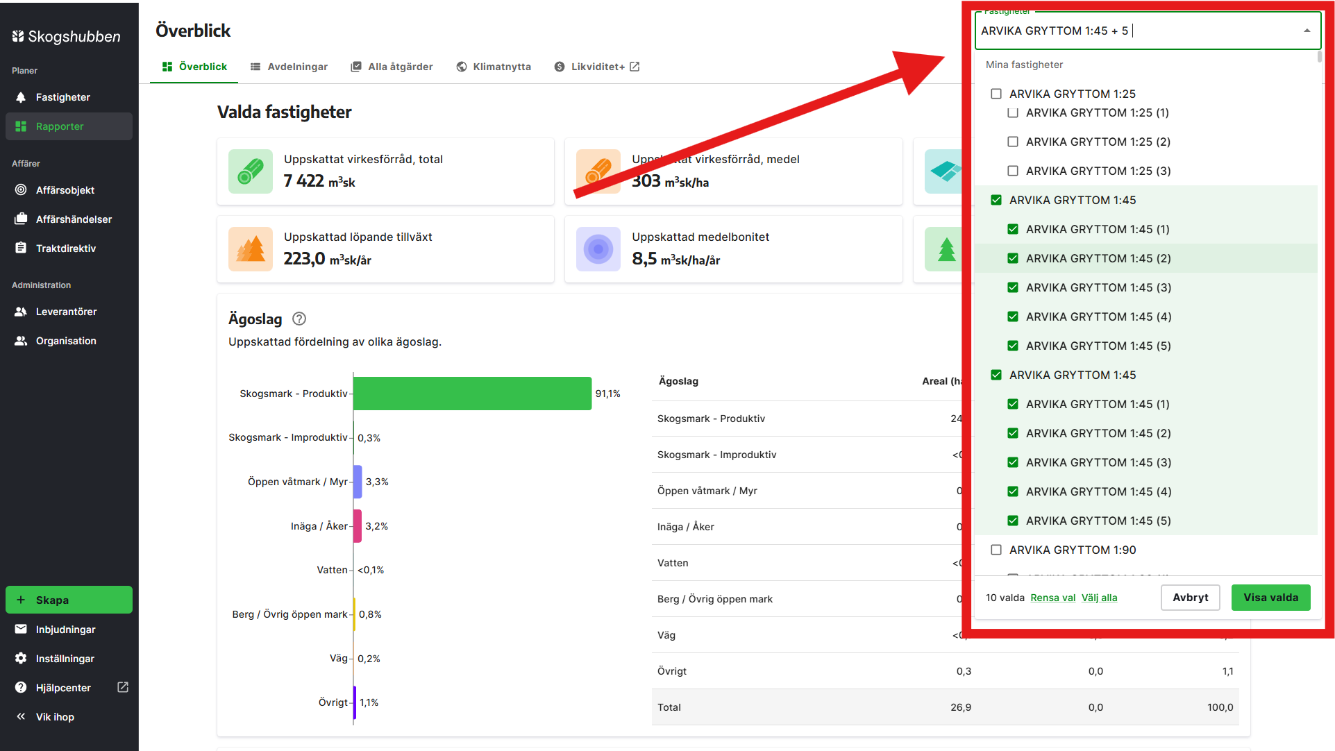 I menyn högst upp till höger på sidan kan du välja vilka fastigheter du vill sammanställa.