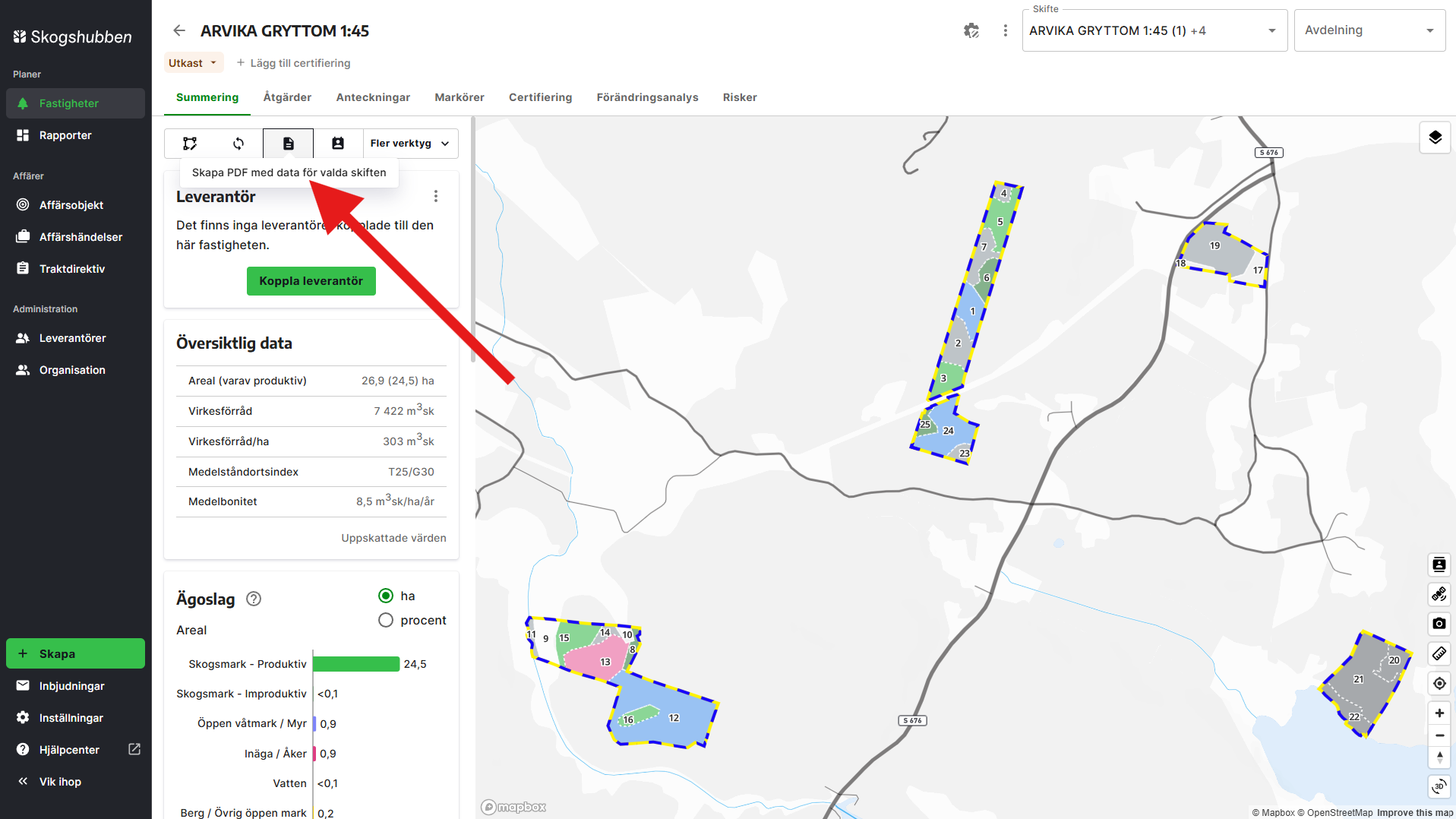 Klicka på knappen i verktygsfältet - Skapa PDF med data för valda skiften