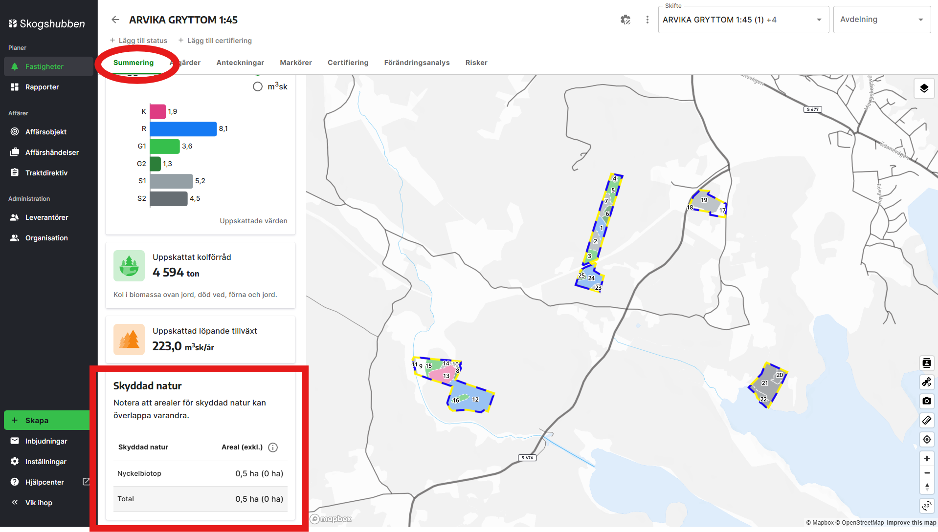 Välj en fastighet/plan och scrolla längst ner under summering för att se skyddad natur 