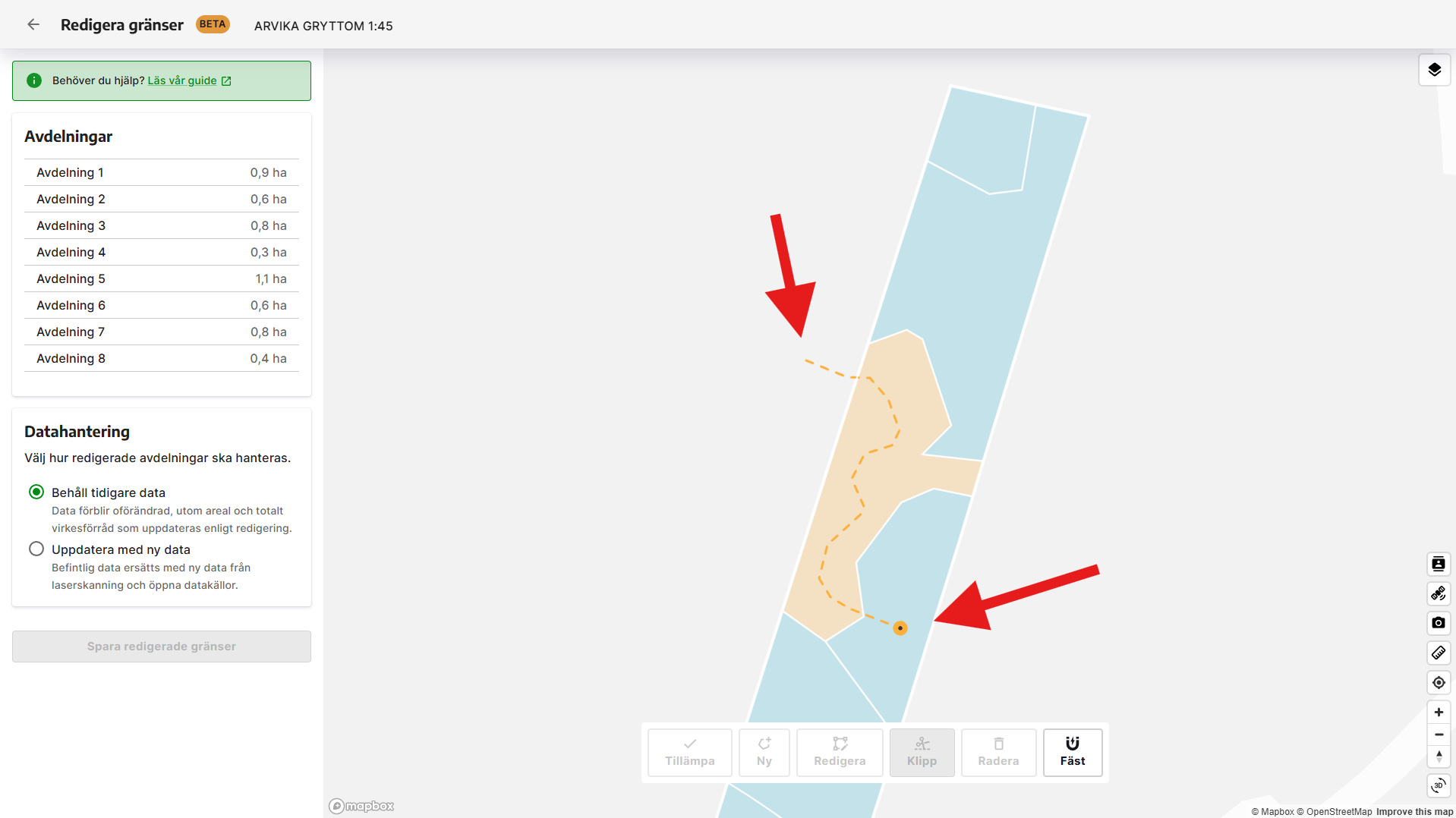 Klicka i kartan för att rita var avdelningen ska klippas itu.
