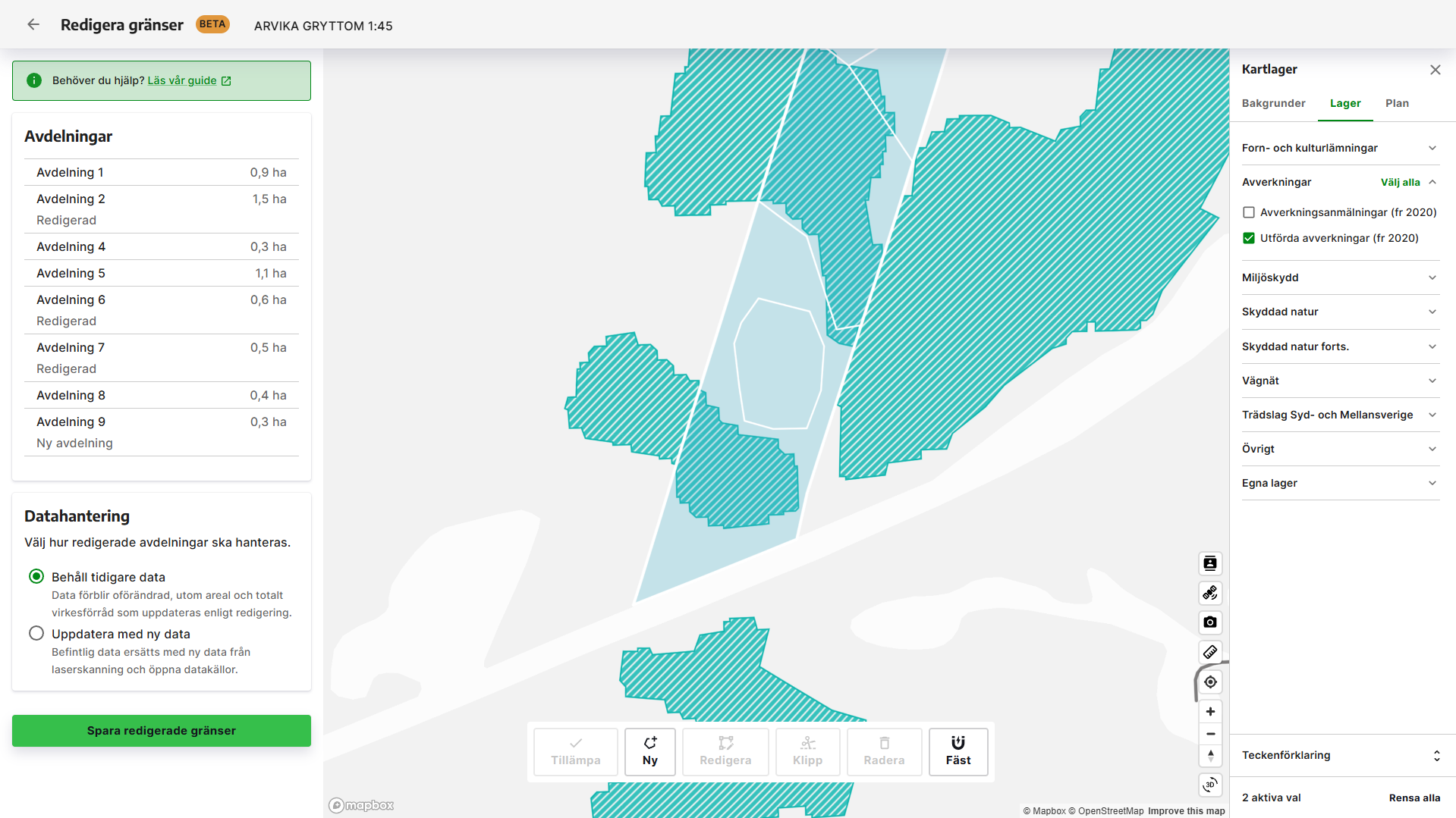 Inuti redigera gränser-läget kan du använda olika lager som