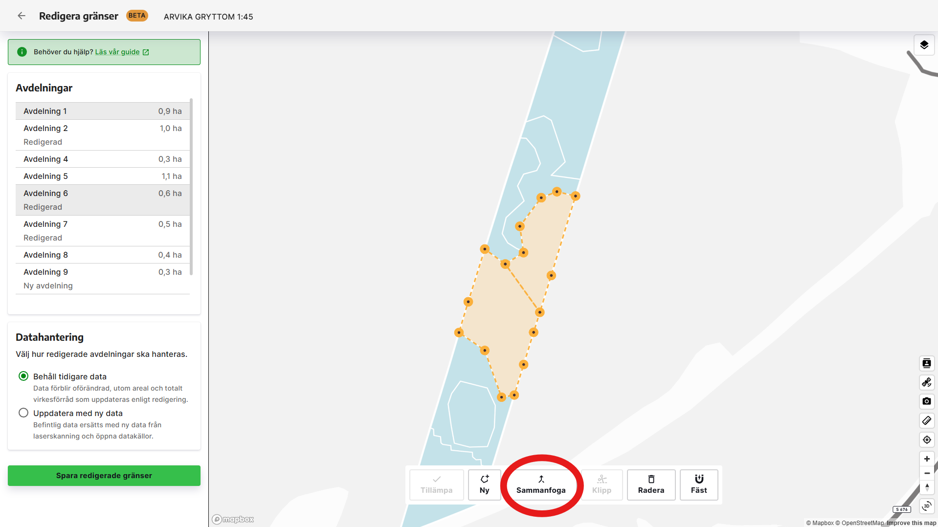 Markera avdelningarna du vill slå ihop och klicka på