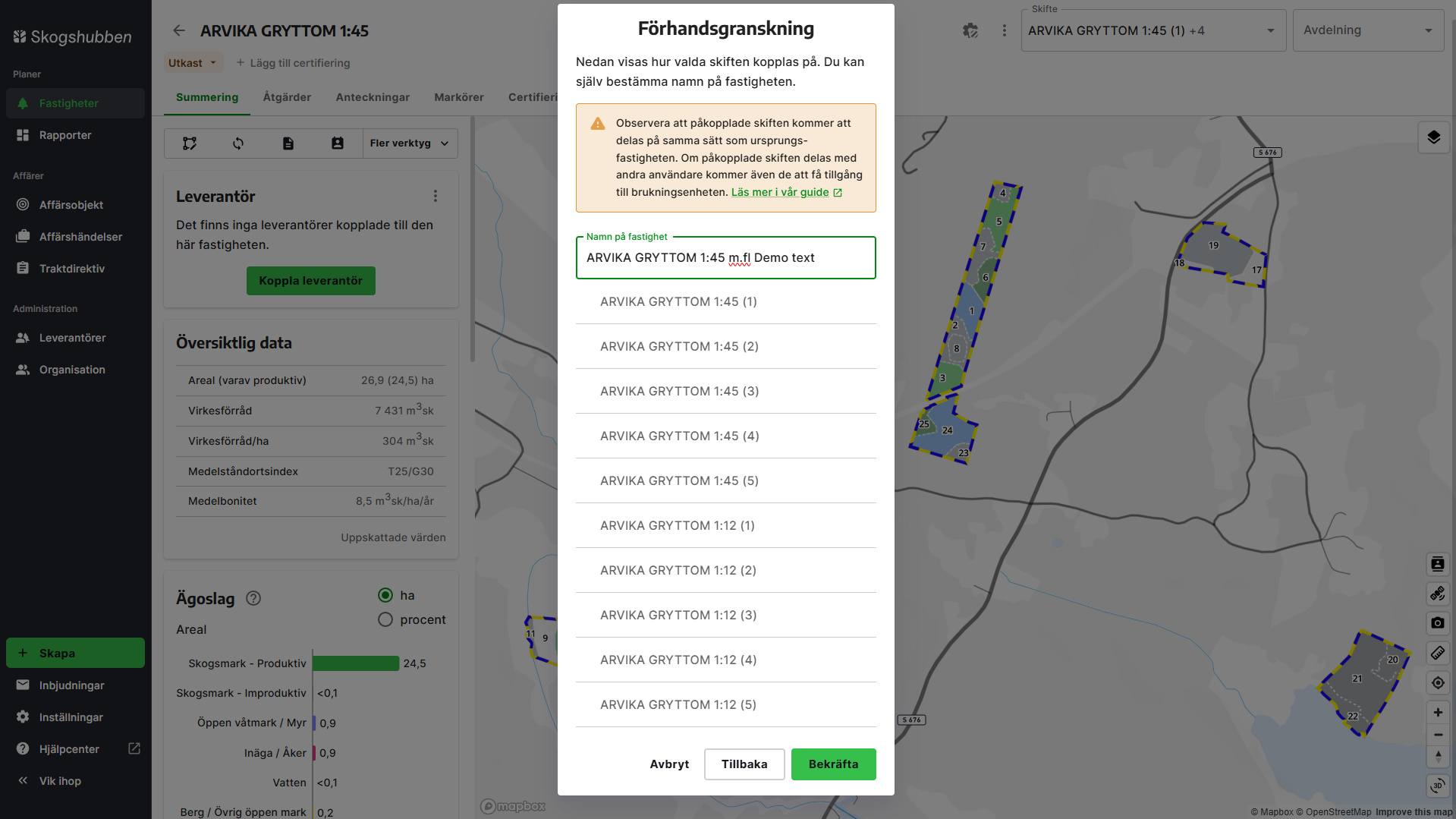 Välj namn på brukningsenheten och klicka på