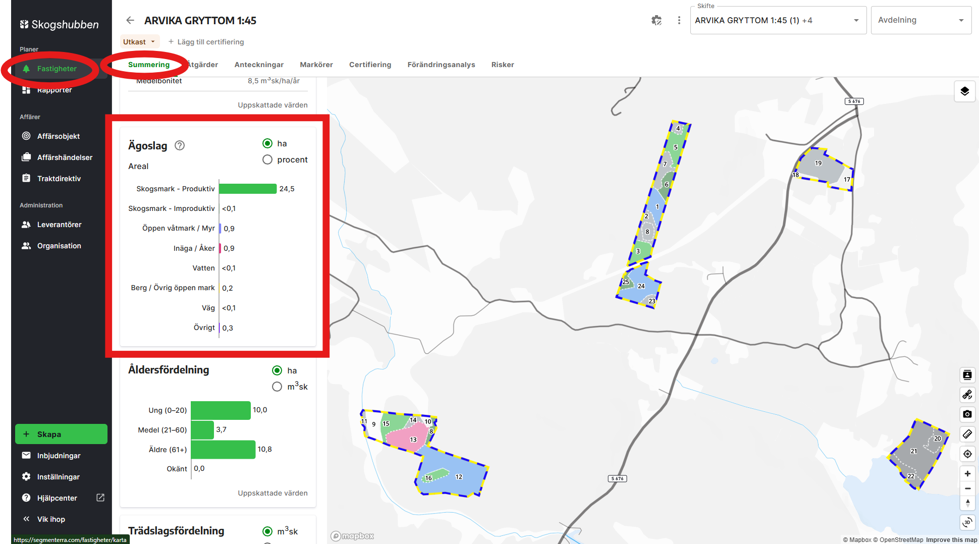 Du får en sammanställning av fastighetens ägoslag till vänster när du är inne på en fastighet/plan