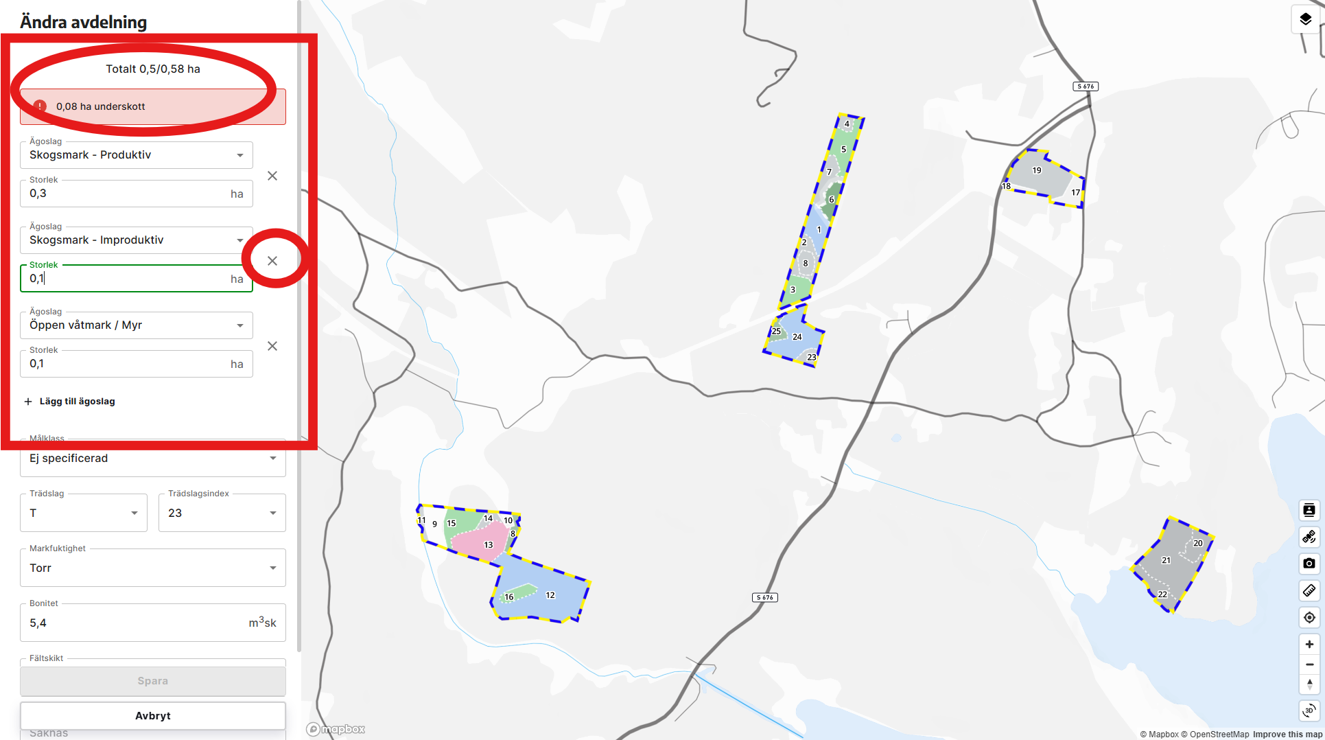 När du tar bort ett ägoslag kommer det att bli underskott.