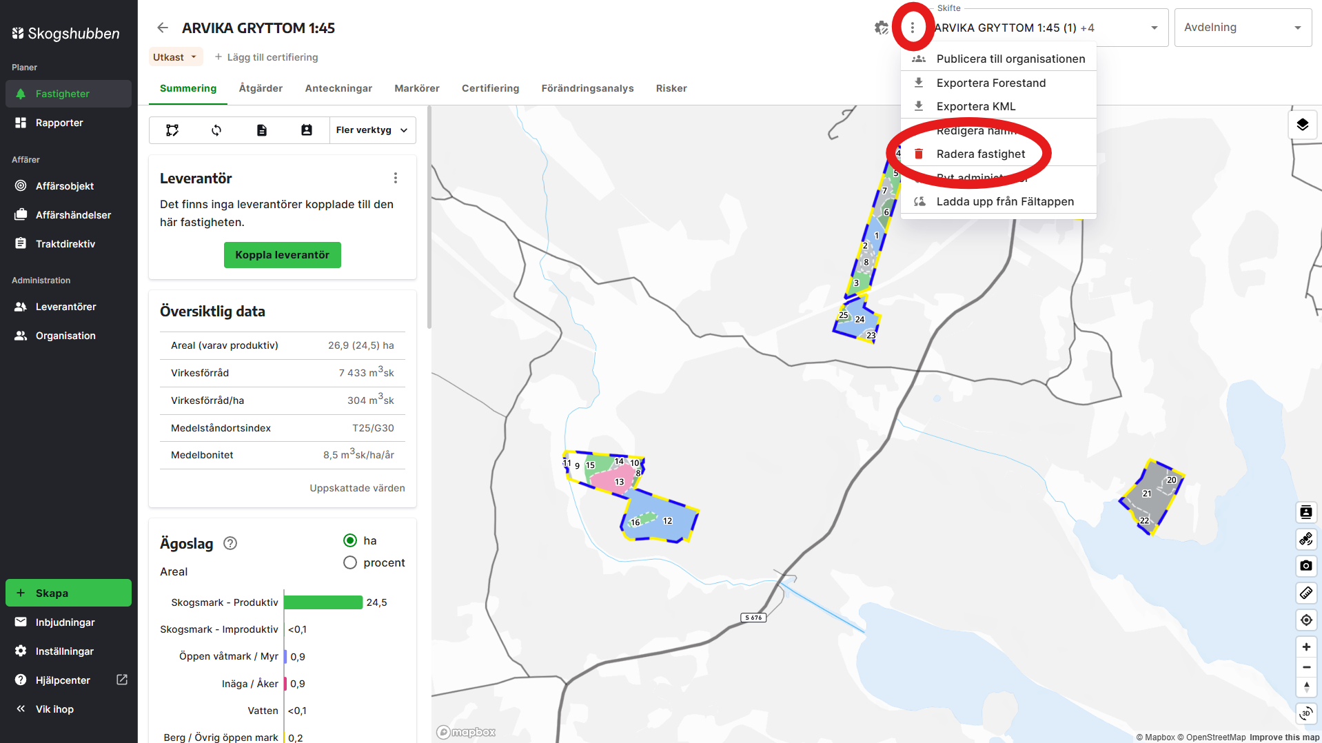 Välj fastigheten/planen du vill radera, klicka på de tre prickarna upp till höger och klicka