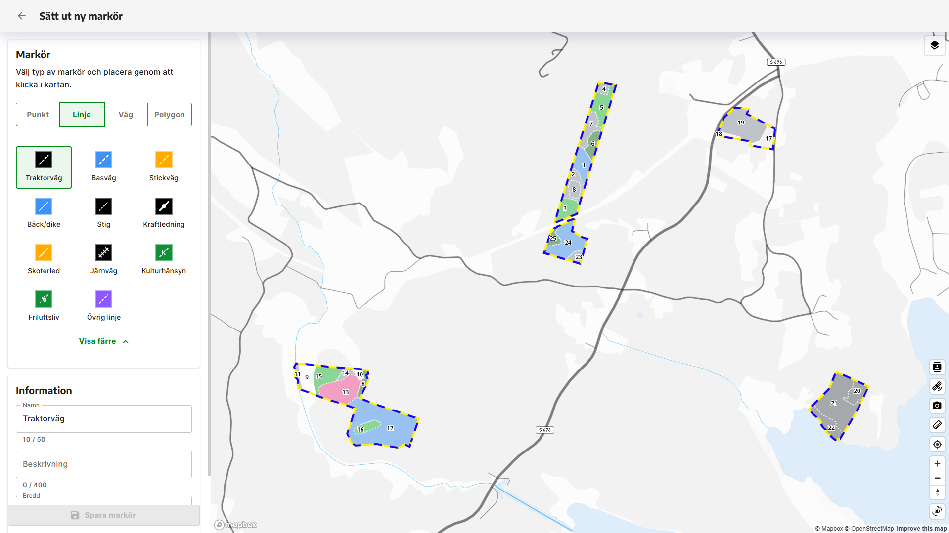 De olika linjemarkörerna