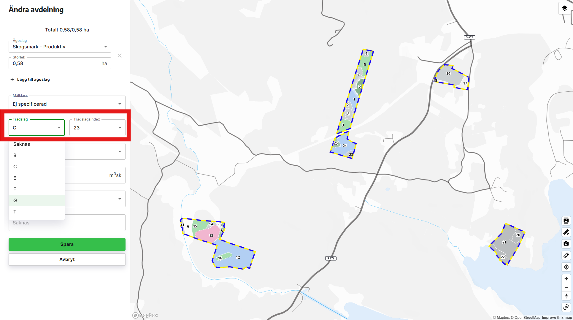 Välj SI genom att kombinera trädslag och trädslagsindex. Klicka sedan på spara.